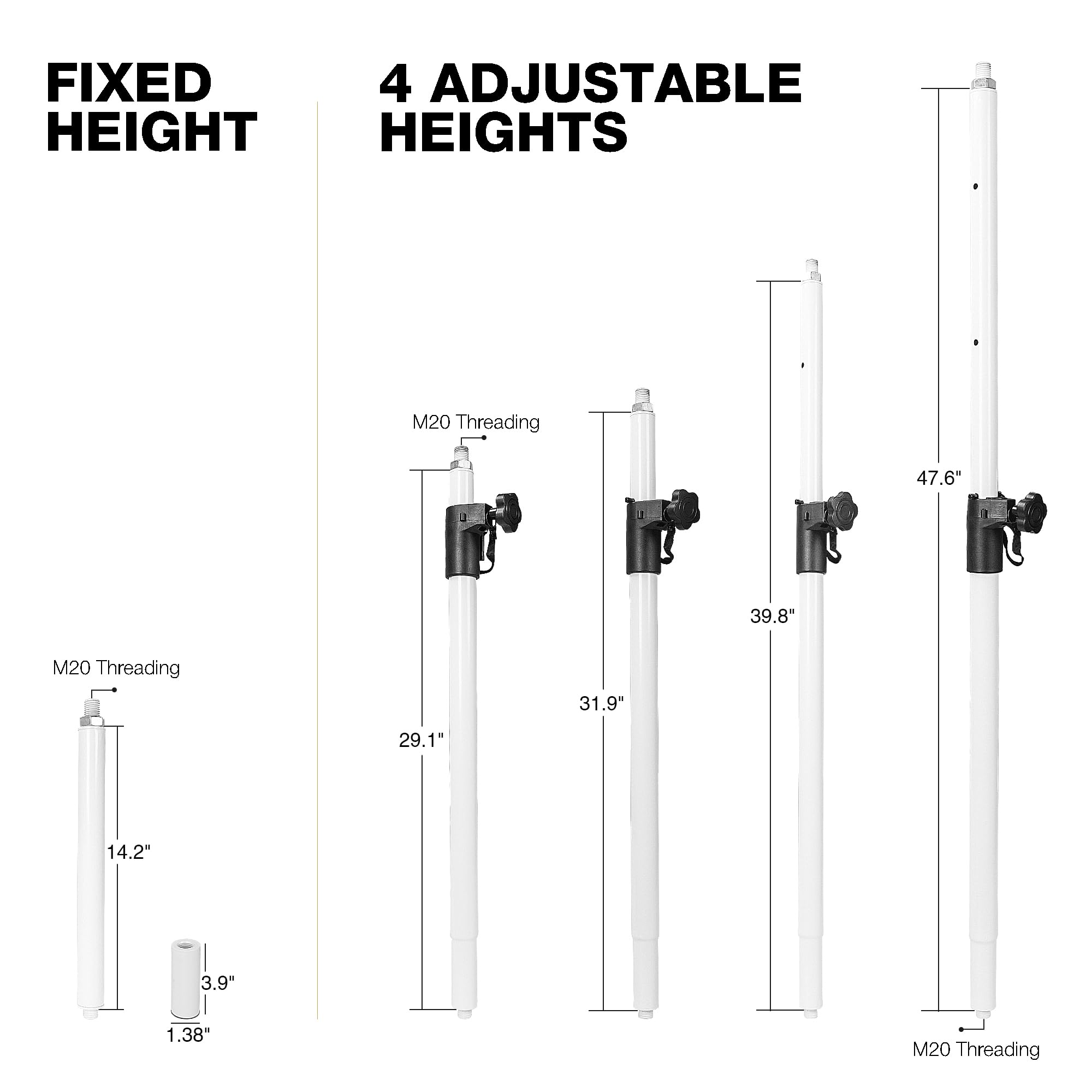 Sound Town Speaker Pole Set, 29''-48'' Adjustable Height Subwoofer/Speaker Pole and 14'' Fixed Height Extended Pole with M20 & 3