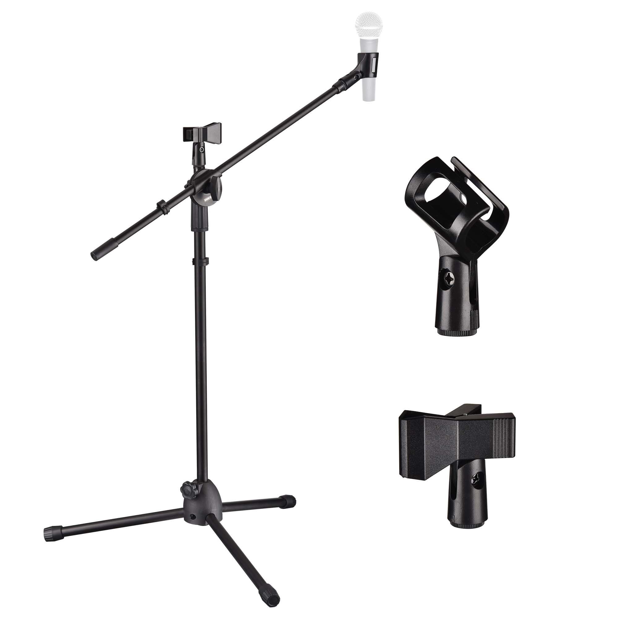 Aw Adjustable Height Tripod Boom Microphone Stand Floor Dual Mic Clip Holder 90-Degree Rotating Folding Type Boom Arm Tripod For