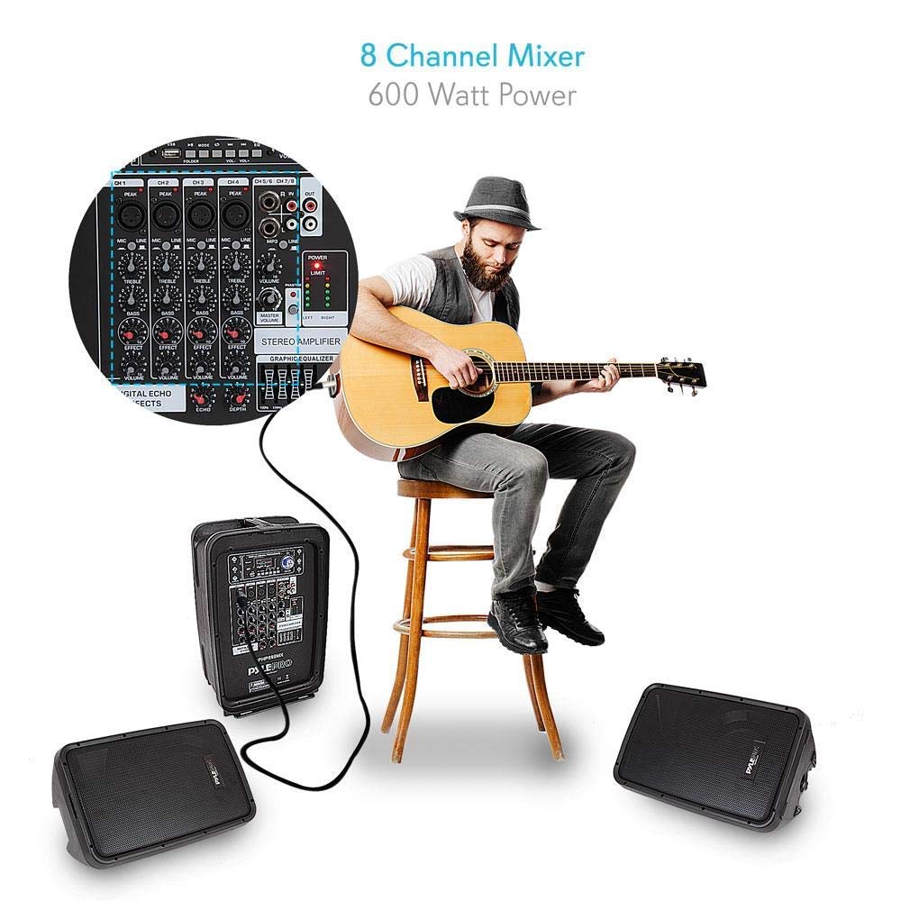 Pyle 600 Watt 8-Channel Portable Bluetooth Wireless PA Speaker Amplifier Kit with 8'' Subwoofer and 1'' Horn Tweeter, MP3, AUX -