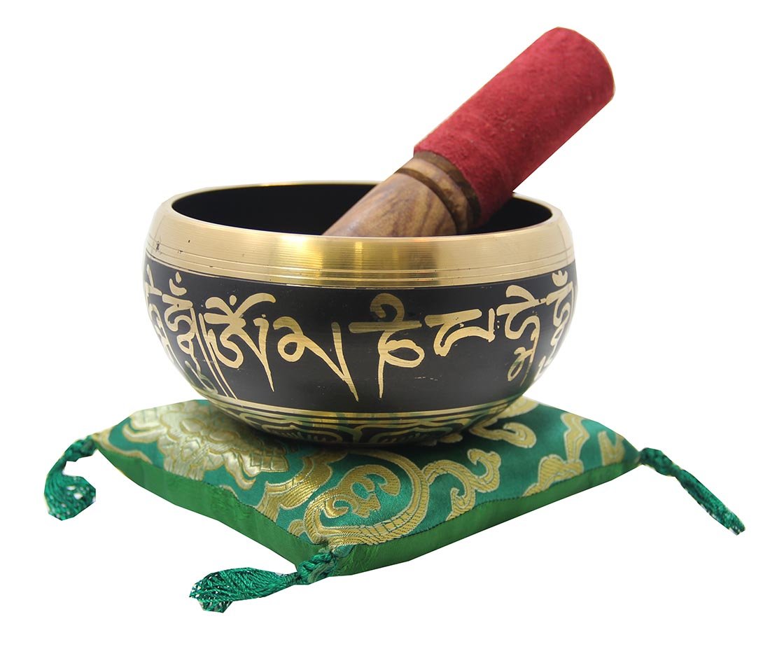 DharmaObjects Tibetan Heavy Large Om Mani Padme Hum Singing Bowl Mallet and Silk Cushion Set