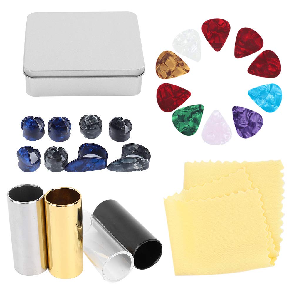 Guitar Accessories Kit,10 Celluloid Pick 3 Metal Slider Glass Slide 4 Guitar Slider 8 Finger Cot with Iron Box Performance Acces