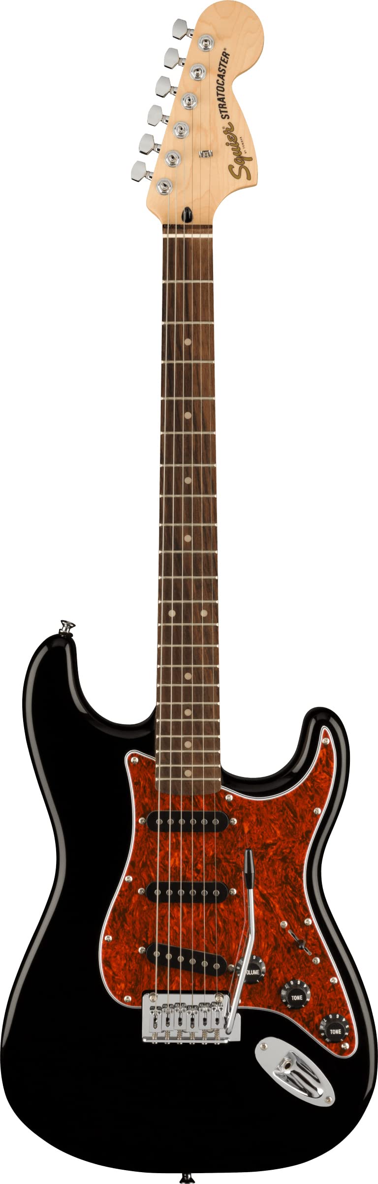 Fender Squier Affinity Stratocaster - Limited Edition Black, Tortoise Shell Pickguard Bundle with Gig Bag, Tuner, Strap, Picks,