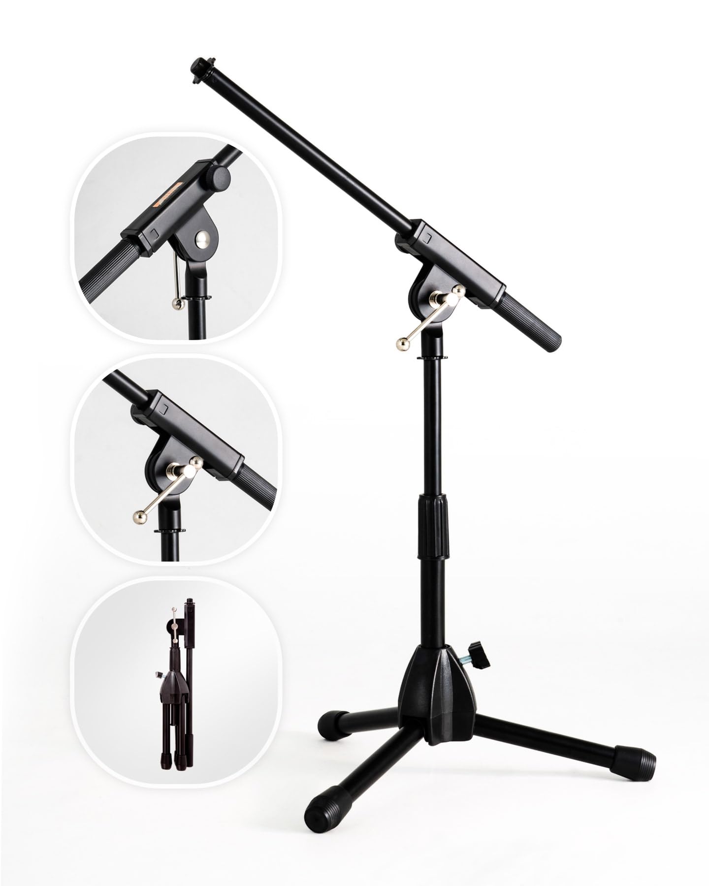Stage Rocker Foldable Tripod Low-Profile Mic Boom Stand - Height Extending From 9.6'' To 16.9'', W/Adjustable Telescoping Arm Up