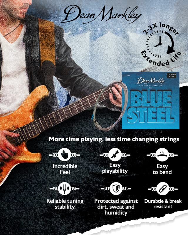 Dean Markley Electric Bass Guitar Strings 2680 Blue Steel Electric Long Scale 50-128 Medium Gauge, Cryogenically Processed for L