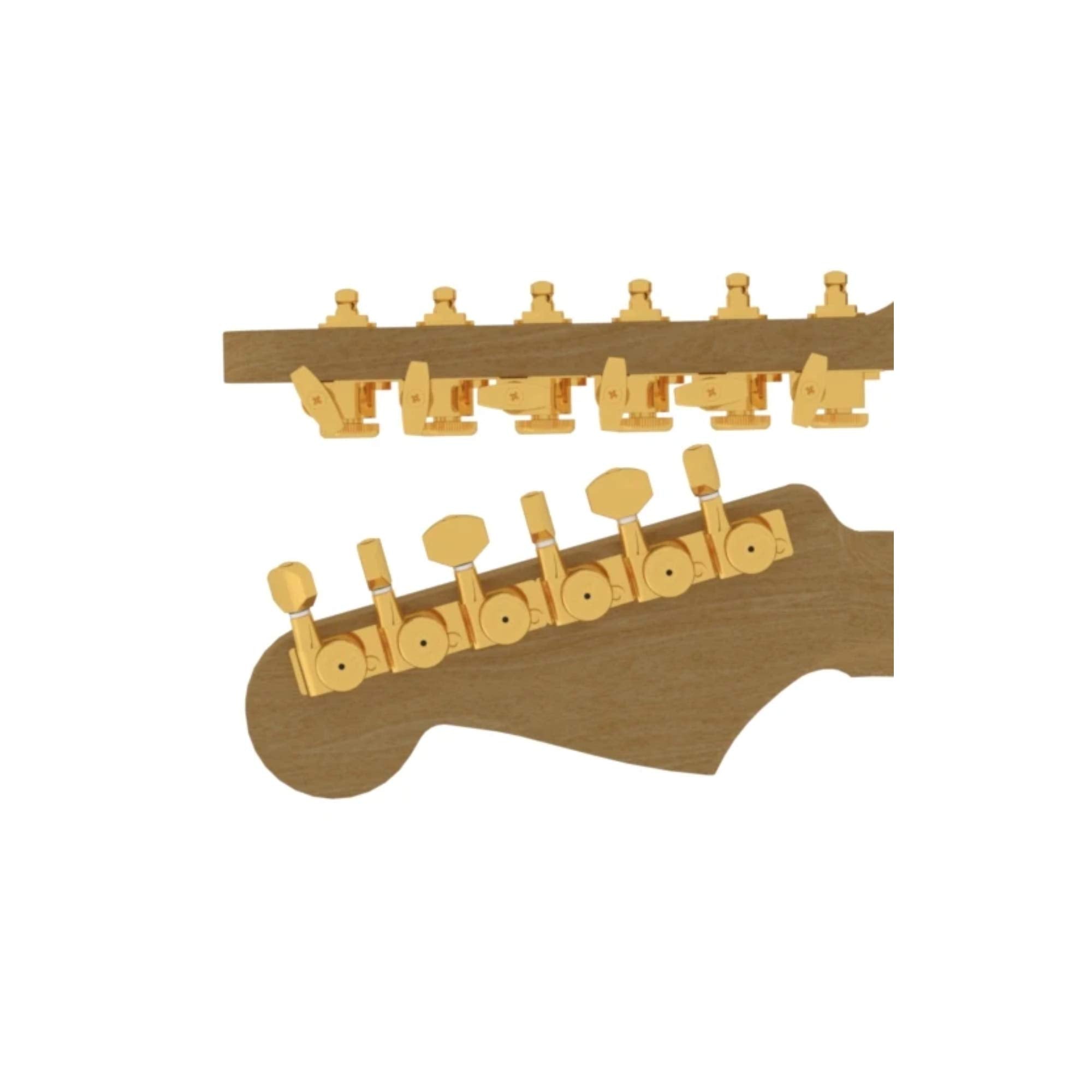 Hipshot Grip-Lock Vintage 6 Inline Bass Side Staggered Closed 8.5mm Tuners with Universal Mounting Plate, Gold