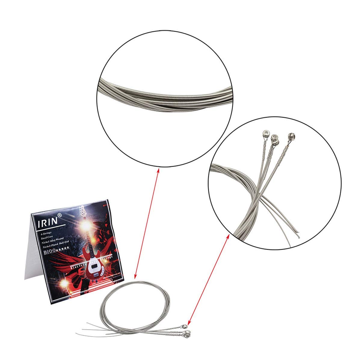 JYsun Electric Bass Strings 1 Full Set Steel Core Nickel Alloy Wound Nickel-Plated Ball-End with 1pc Blue Cleaning Cloth and 5pc