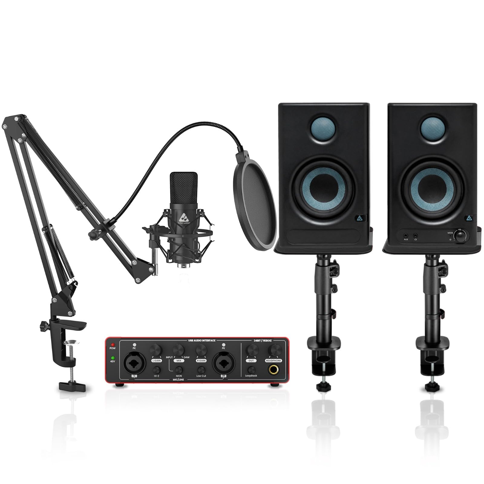 Audio Array Professional Studio Bundle With 24-Bit/192Khz Audio Interface, 4 Studio Monitors, Condenser Mic & Stands | For Music