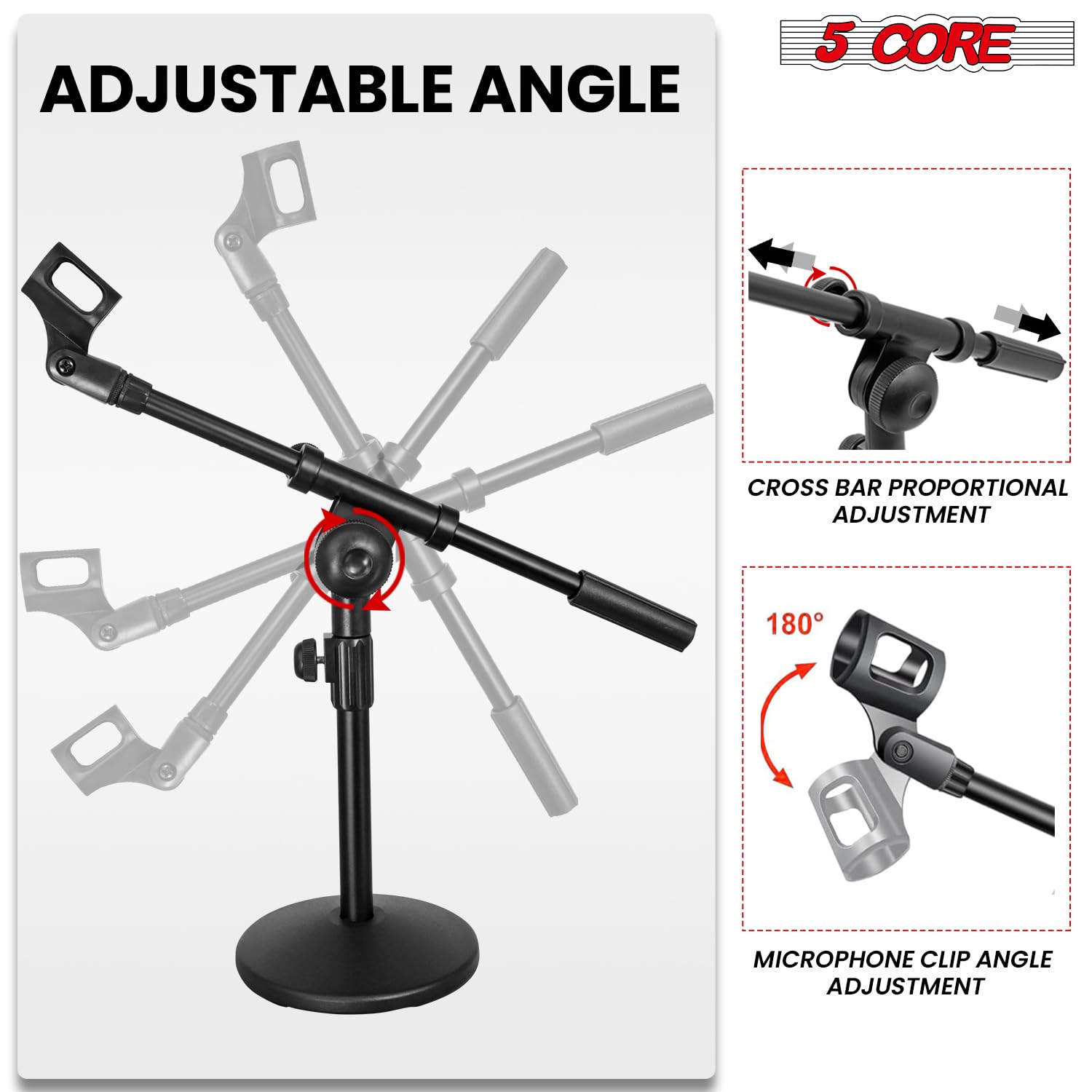 5Core Mic Stand Desk Adjustable Extendable Boom Arm Table Microphone Holder w Round Base Anti Slip Pad + Mic Clip + 3/8'' & 5/8'