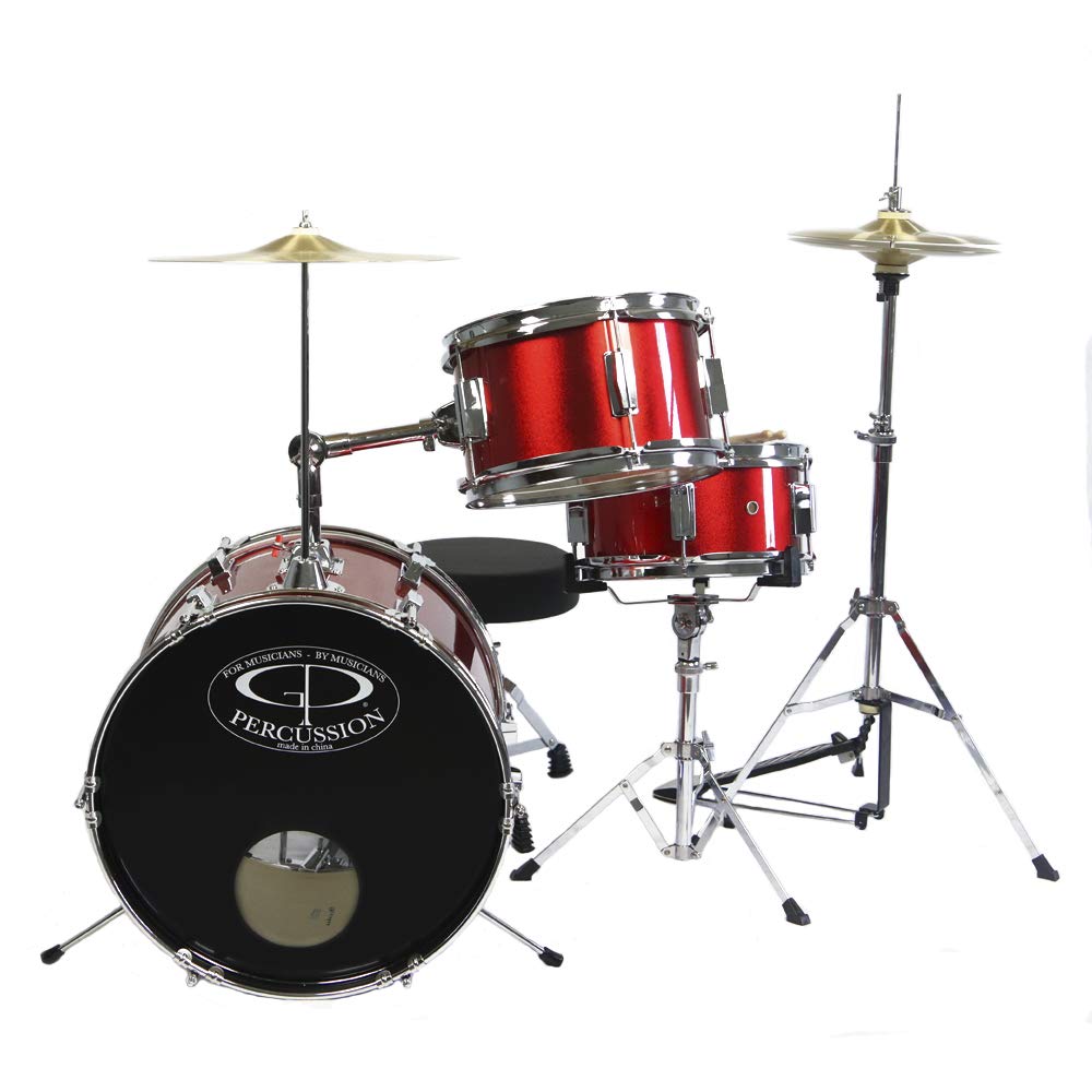 GP Percussion GP50RD Complete Junior Drum Set (Red, 3-Piece Set)