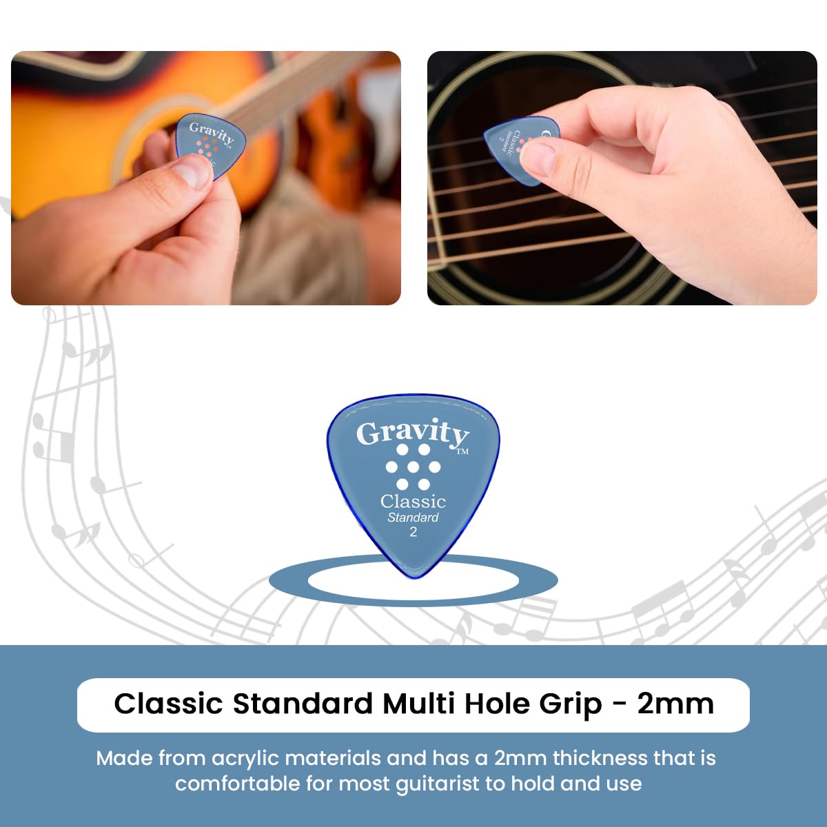 Gravity Picks Classic Guitar Pick - 2.0mm Blue - Polished w/Multi-Hole Grip
