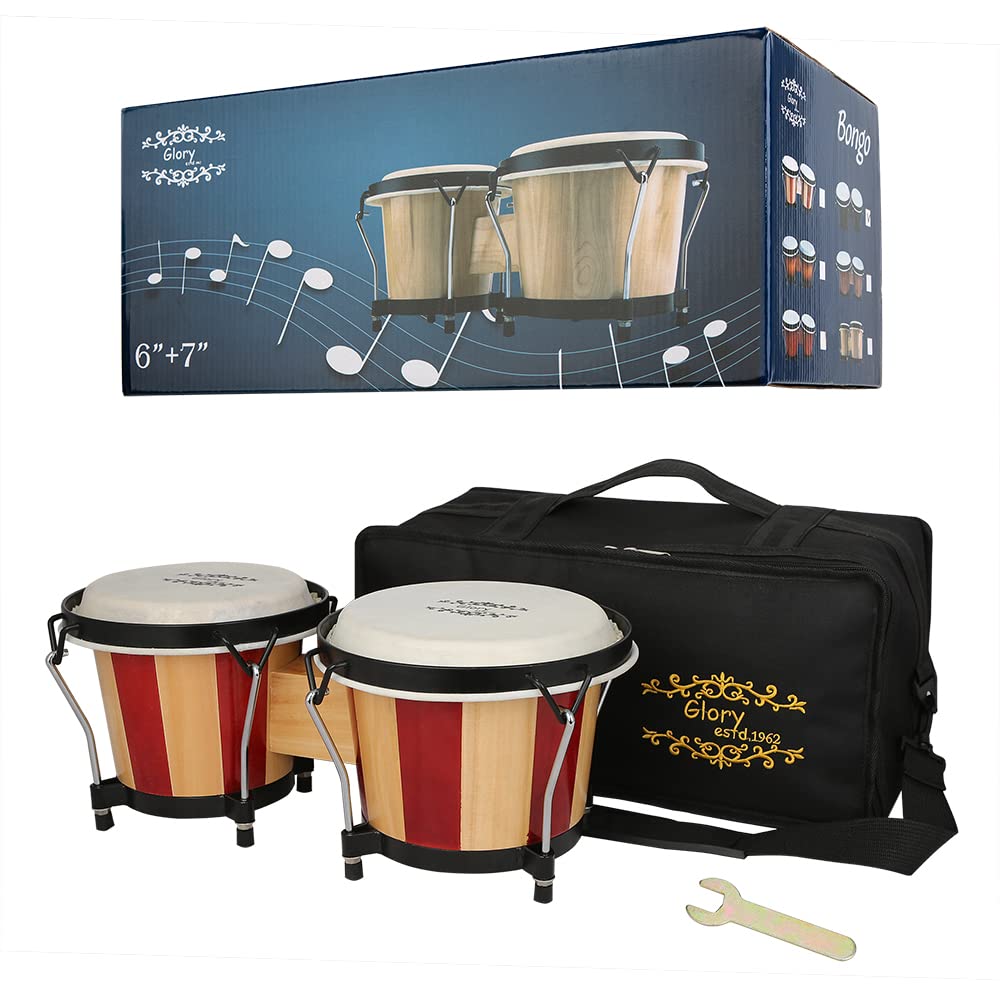 Glory Bongo Drums 6    and 7    Wood Percussion Instrument Bongos with bag and tuning Key,Double Color
