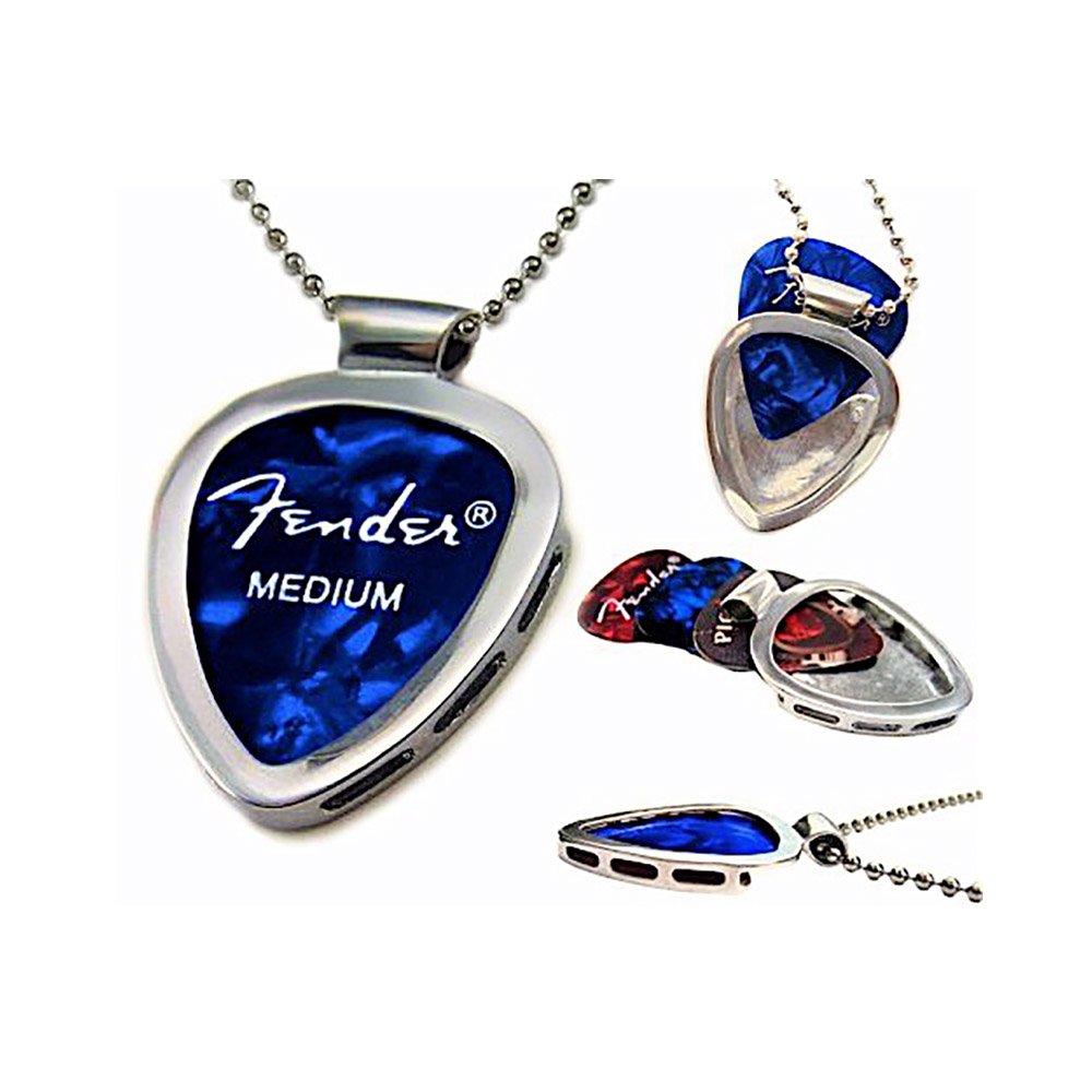 Pickbay Guitar Pick Holder Pendant Necklace (Chrome Stainless Steel) & Fender Guitar Pick Set (Authentic & Original)