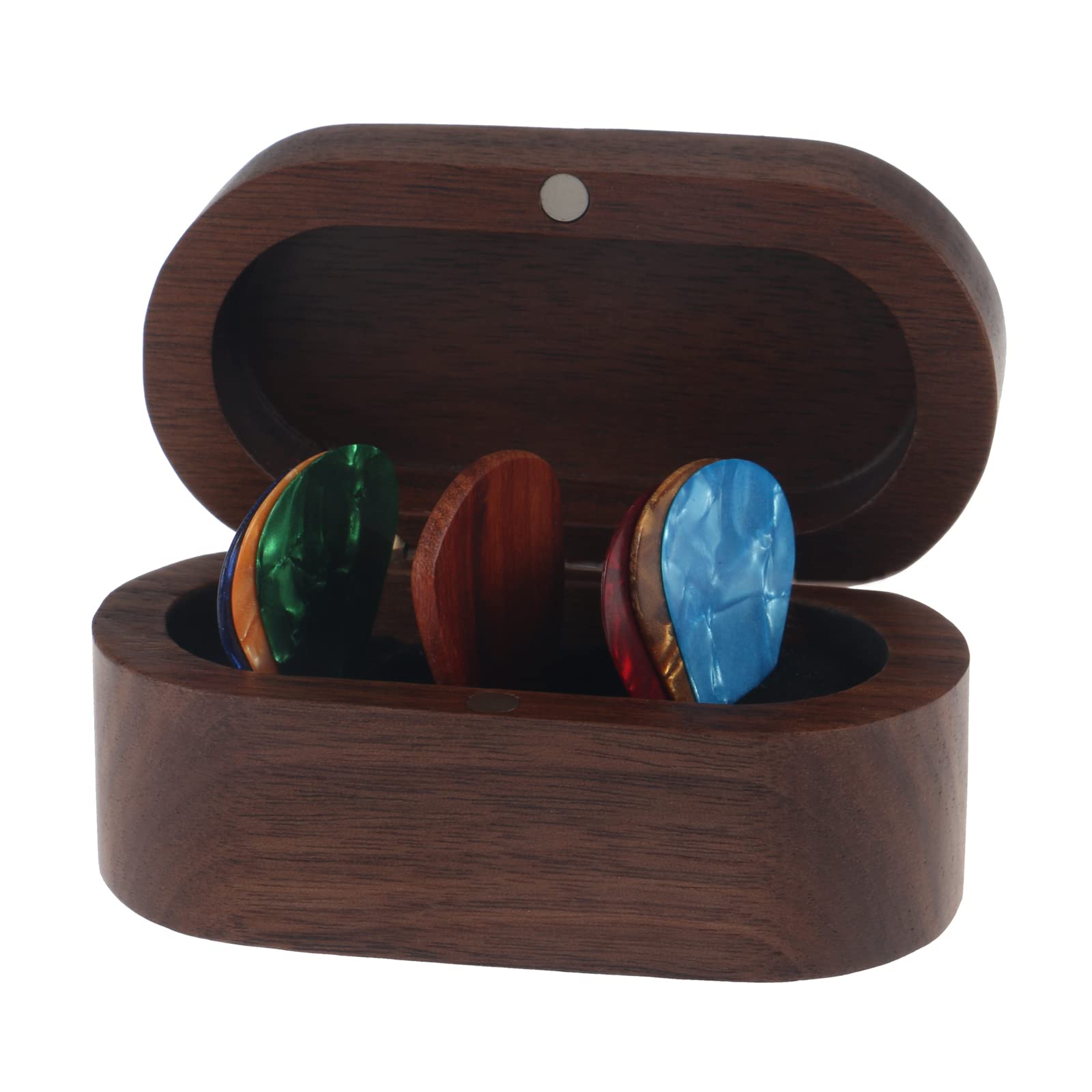 Mylywoo Walnut Guitar Pick Holder Set With 1 Rosewood Pick And 6 Celluloid Picks In 3 Thicknesses, Mini Jewelry Box, Brown Woode