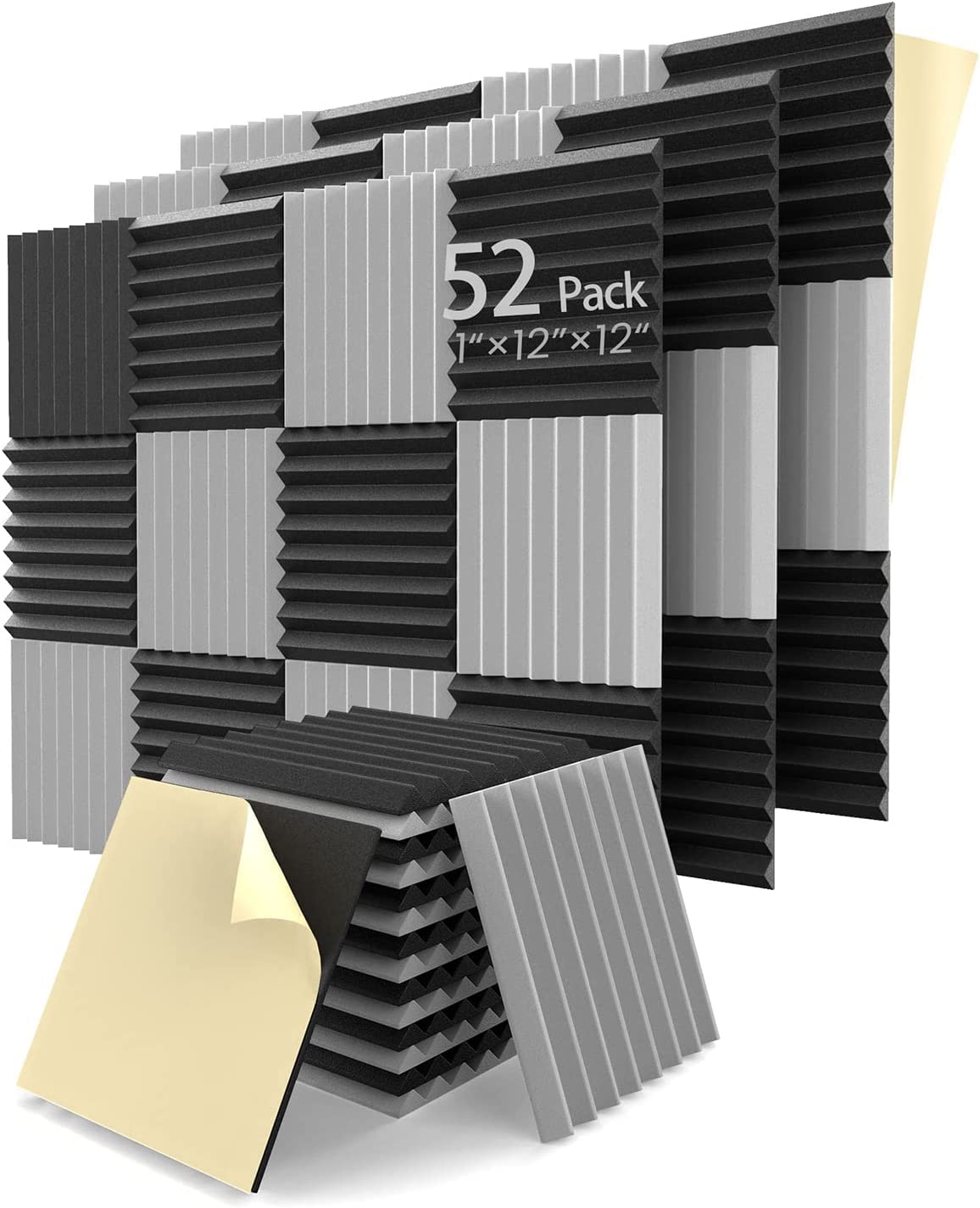 Leiyer Upgrade 52 Pack Sound Proof Foam Panels With Self-Adhesive, 1'' X 12'' X 12'' Quick-Recovery Acoustic Panels, Acoustic Fo