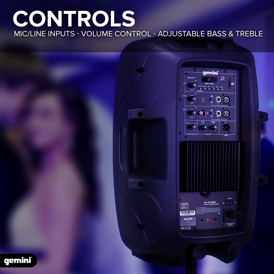 Gemini Sound AS-2115BT Active 15 Inch Woofer 2000 Watt DJ Monitor Powered Amplified PA Speakers System with Bluetooth, Wireless