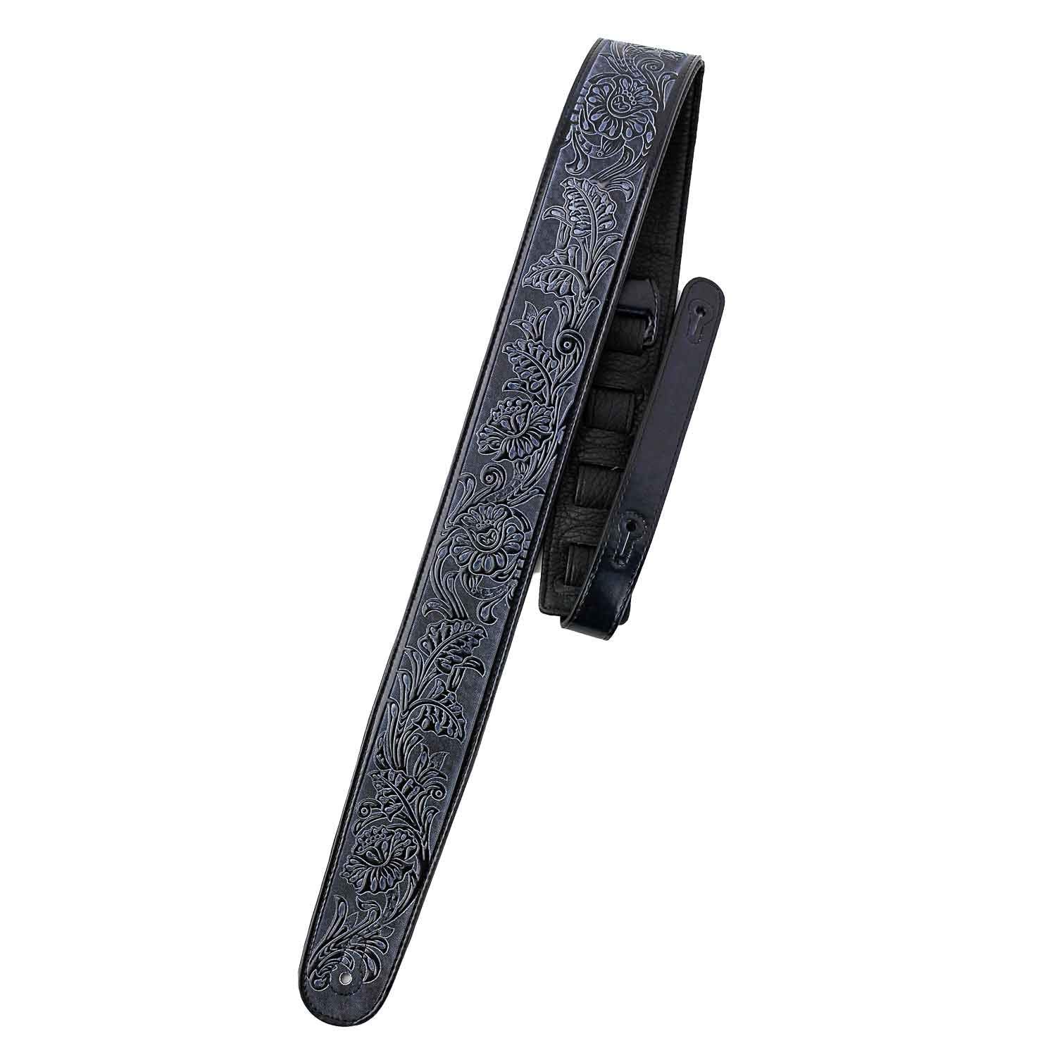 Walker & Williams DLX-282 Handmade Brushed Black Padded Guitar Strap with Embossed Tooling For Acoustic, Electric, And Bass Guit