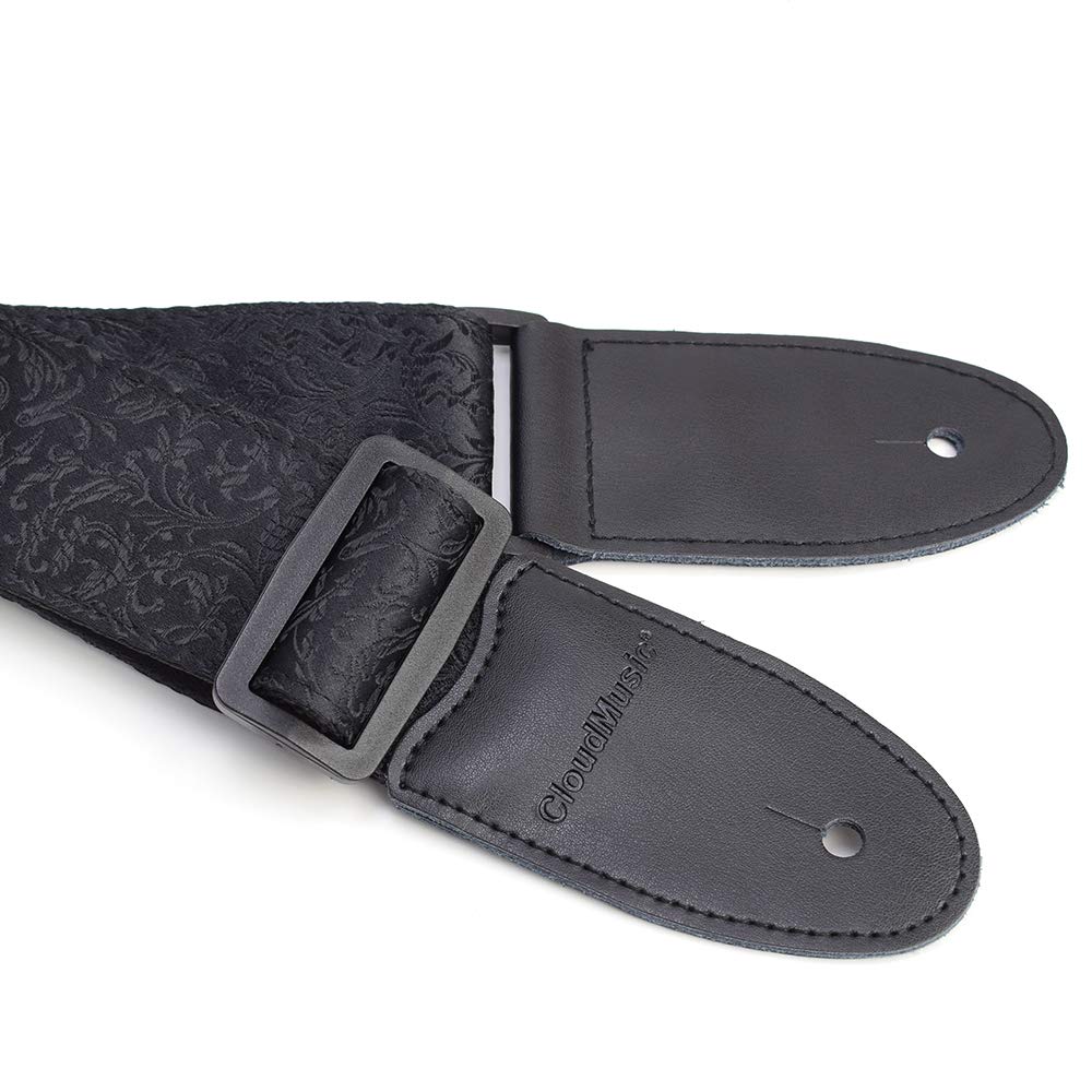 CLOUDMUSIC Guitar Strap For Acoustic Electric Embroidered Jacquard Vintage Floral Patterns(Leaves In Black)