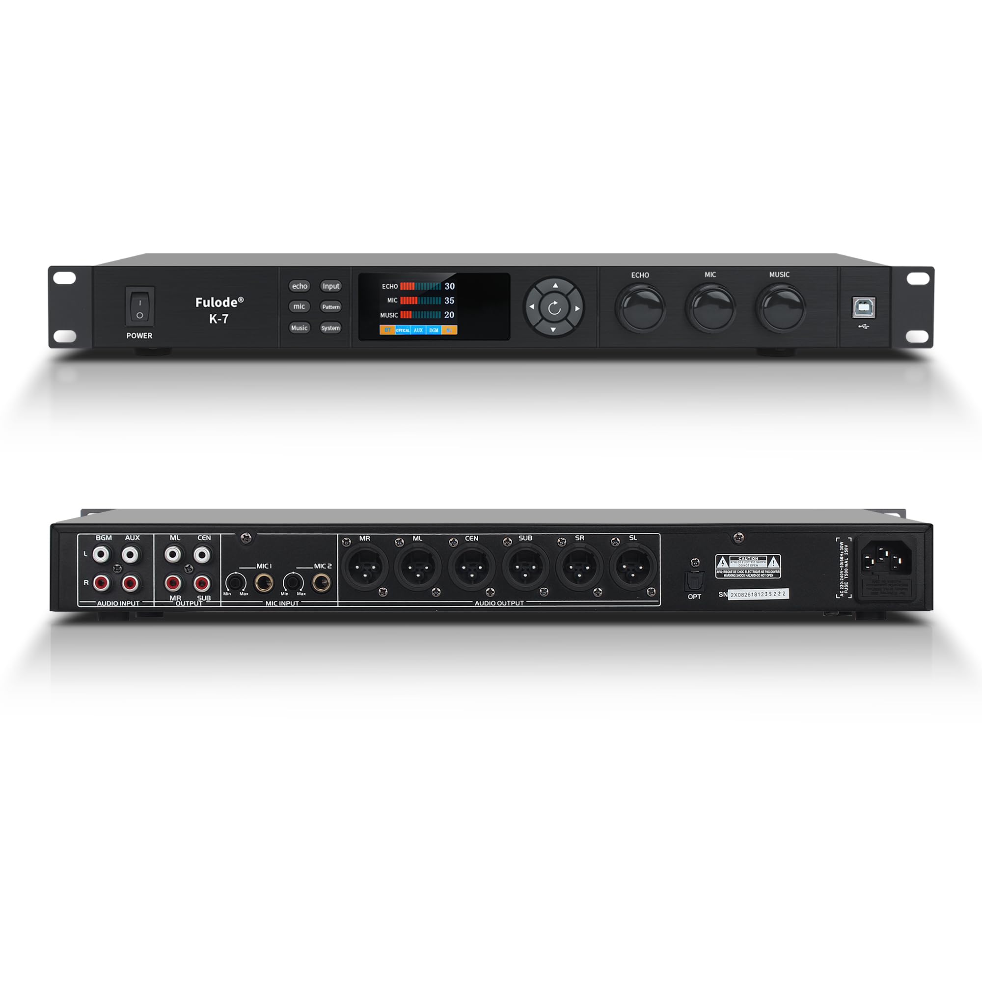 FULODE K-7 Digital Audio Karaoke Processor, Professional Auto Anti-Howling Vocal Effects Processor KTV Pre-Processor Echo Mixer 