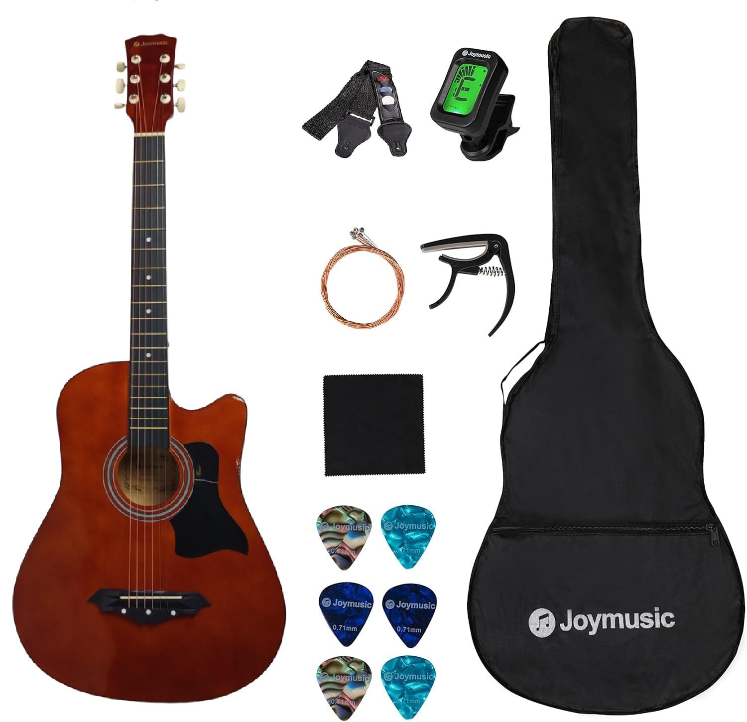 Joymusic 38 inch brown beginner acoustic guitar kit,bundle with a strap with picks holder,digital tuner, set strings, capo,clean