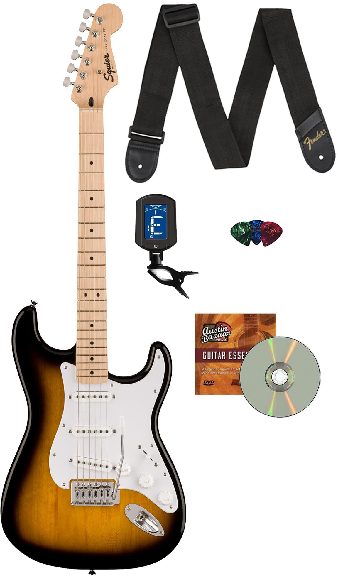 Fender Squier Sonic Stratocaster - 2-Color Sunburst Bundle With Tuner, Strap, Picks, And Austin Bazaar Guitar Dvd