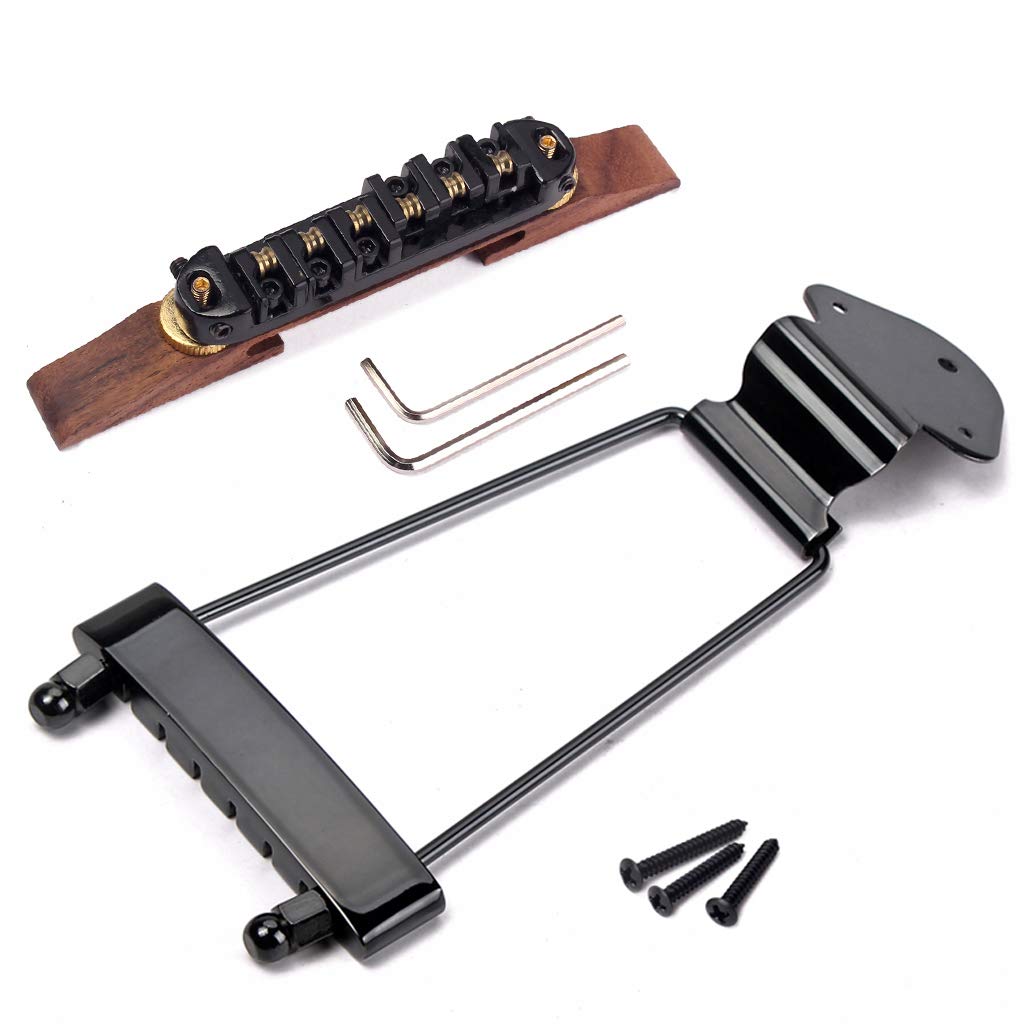 Ogdni 6 String Guitar Trapeze Tailpiece Bridge And Roller Tune-O-Matic Saddle Bridge For Jazz Archtop Guitar Replacement (Black)