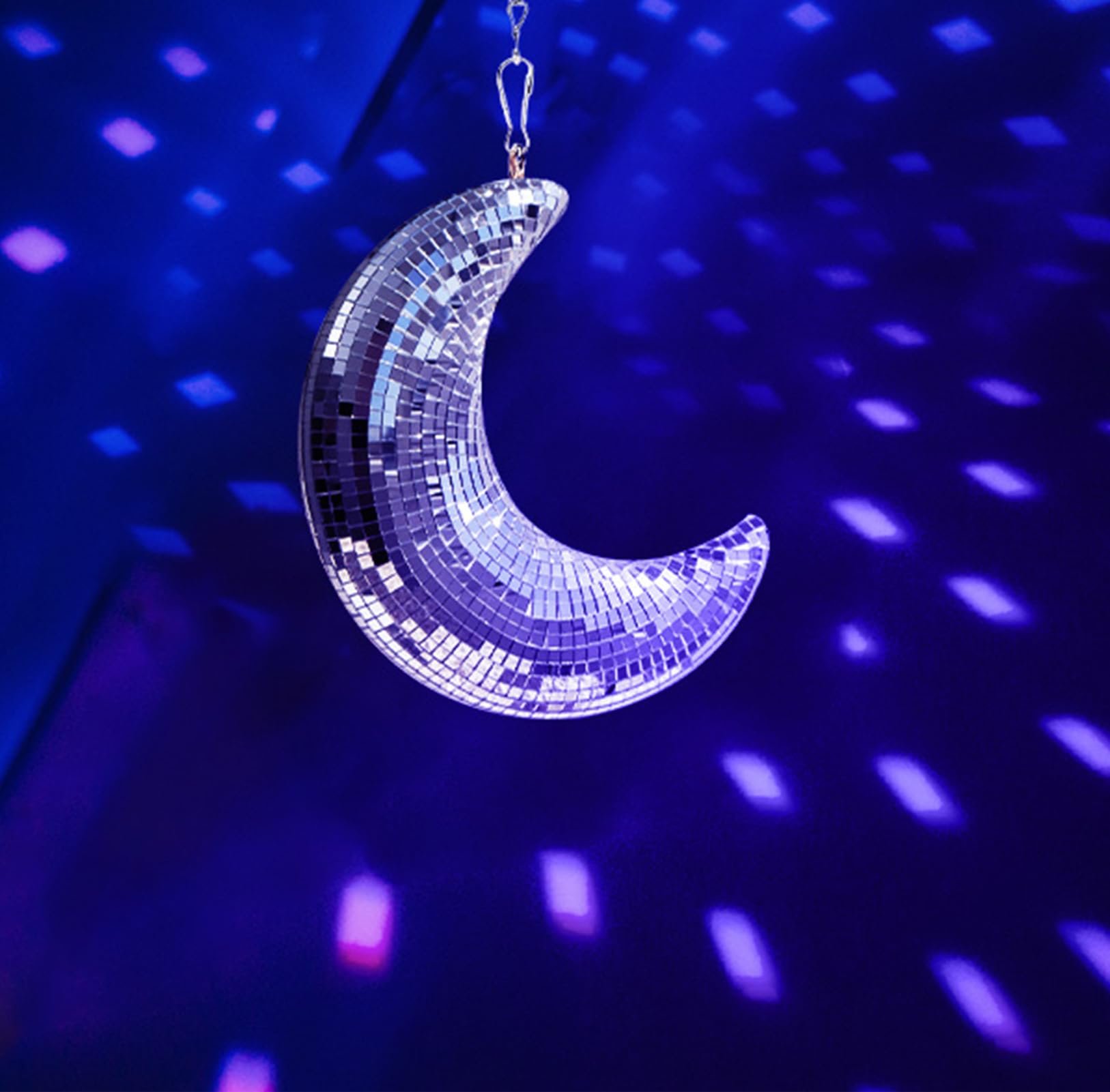 Disco Ball Moon Shaped Decor - 8 inch Silver Sparkling Glass Mirror Rotating Balls with 20 in Chain for Party Wedding Nightclub