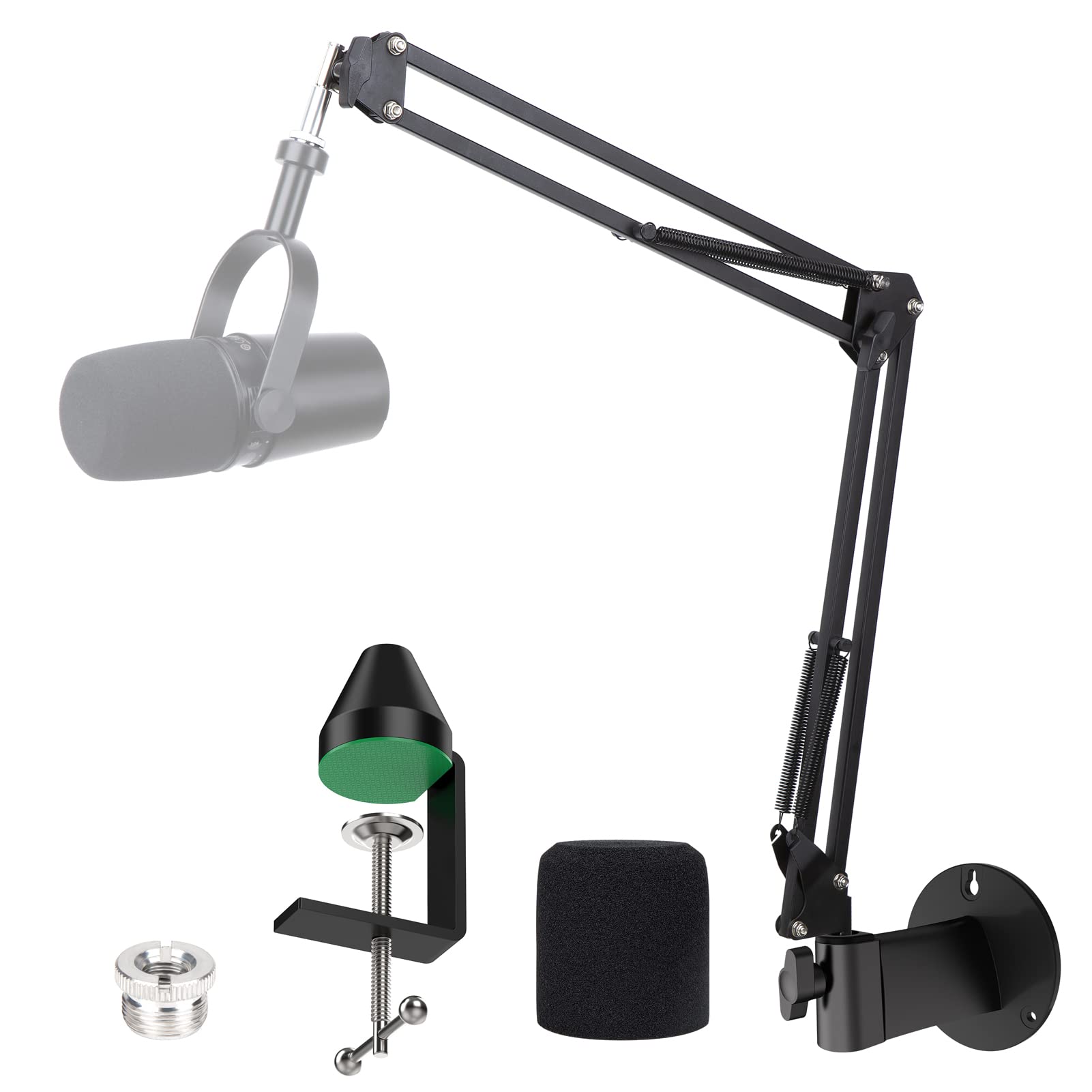 YOUSHARES MV7 Wall Mount Boom Arm Stand with Mic Windscreen and Table Mount Clamp, Mic Stand Arm with Pop Filter Compatible with