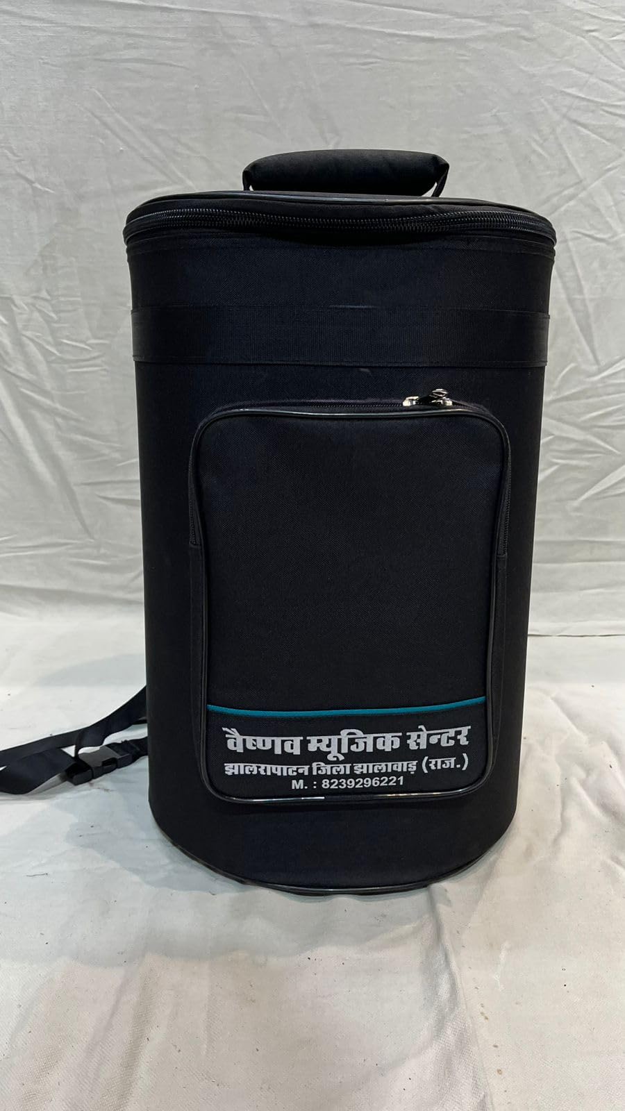 Dholak Bag, Black, Hard Fiber Sheet Material, Adjustable Shoulder Strap, Cylindrical Drum Case With Front Pocket