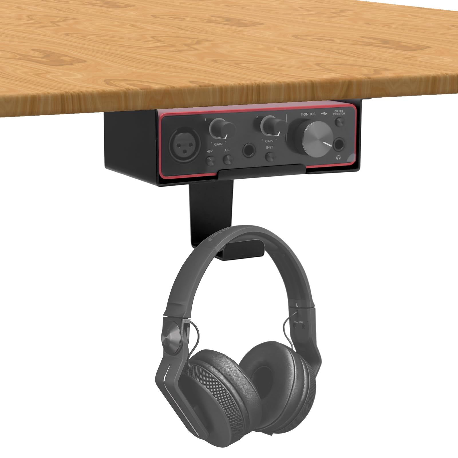 FSNIWEKO Under Desk Mount for Focusrite Scarlett Solo 3rd Gen/Solo 4th Gen with Headphone Hanger Stand,Under Desk Metal Shelf Or
