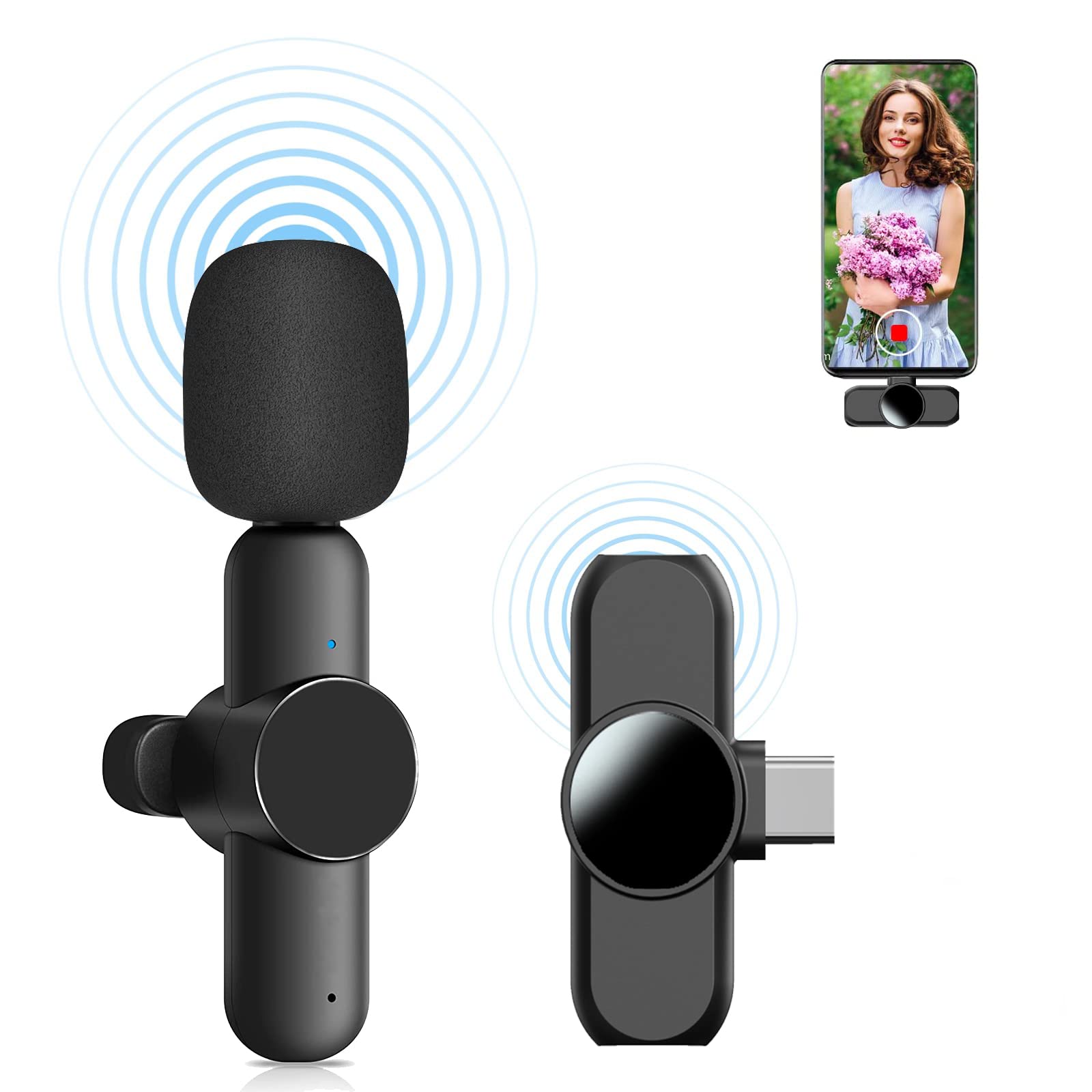 Wireless Lavalier Microphone for Android Phone, Plug-Play Cordless Omnidirectional Condenser Recording Mic with Noise Reduction 