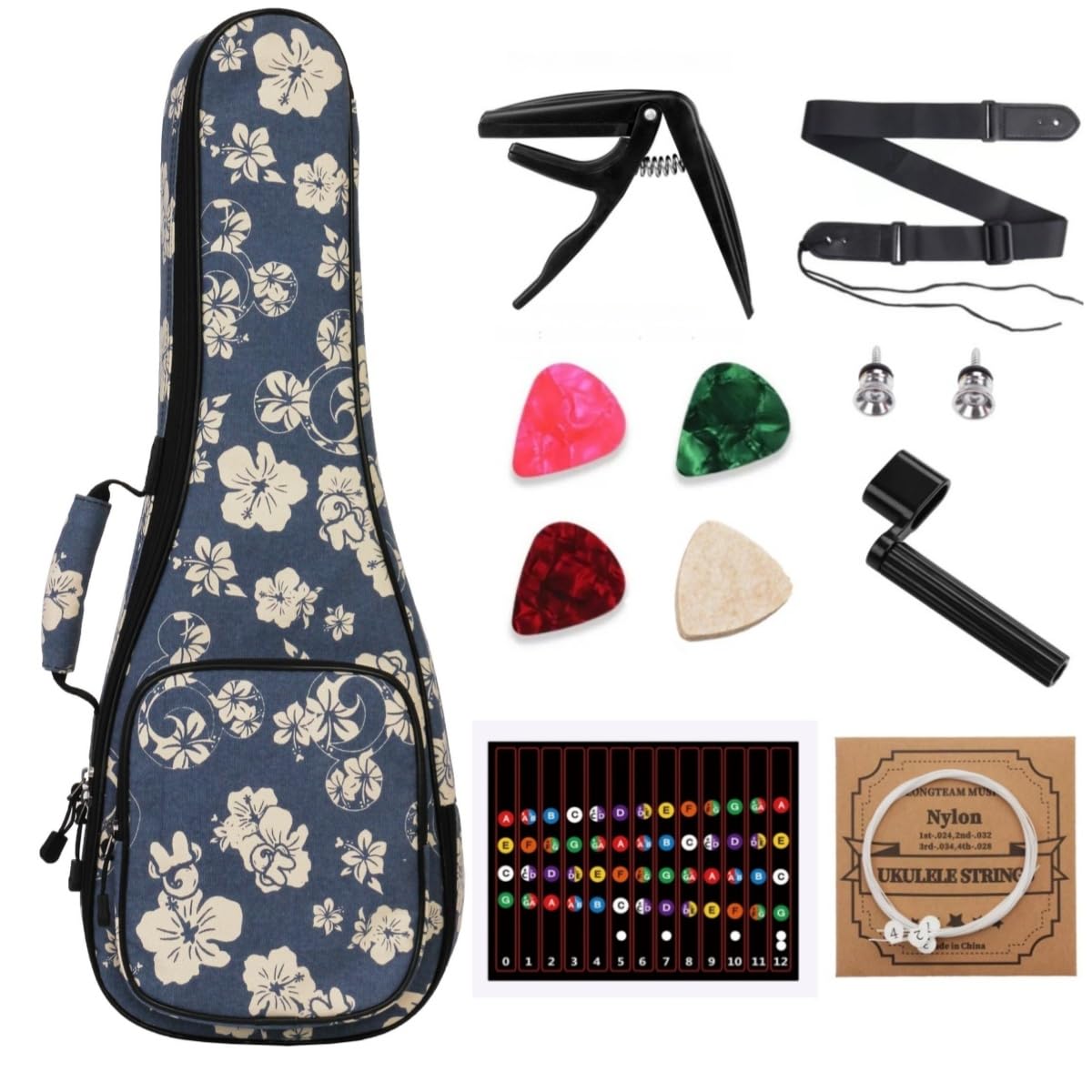 MUINS Ukulele Case,21 23 24 26 Tenor Soprano Concert Ukelele Bag With Bag & Capo & 4 Picks & strings & string Winder & Strap &St