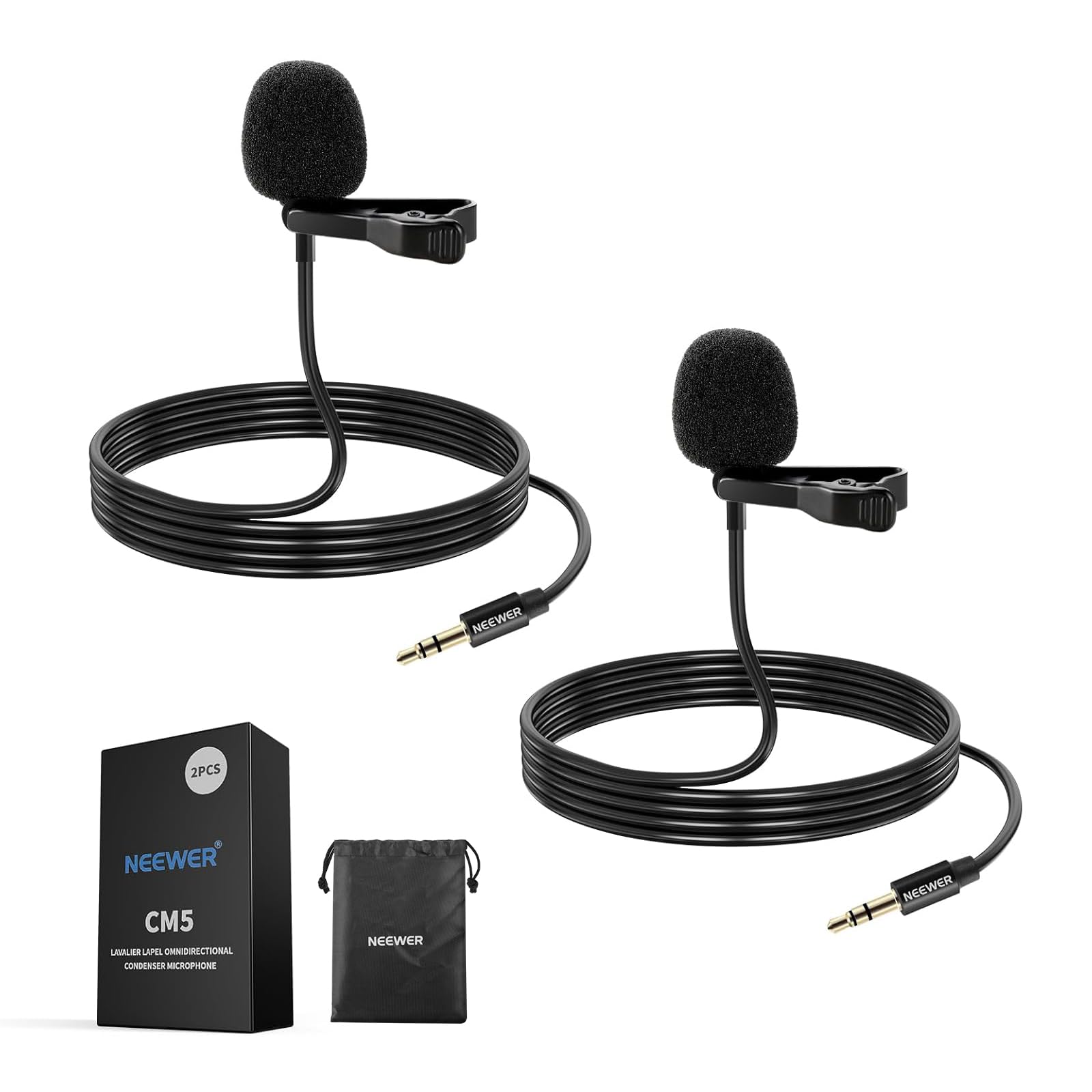 Neewer Lavalier Lapel Microphone (2 Pack), Omnidirectional Condenser Wired Clip On Lav Mic for Stage YouTube Live Streaming Comp