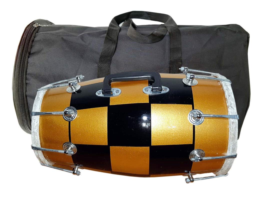 Gt Manufacturers Wood Dholak Musical Instrument Drum Nuts N Bolt With Carry Bag (Yellow)