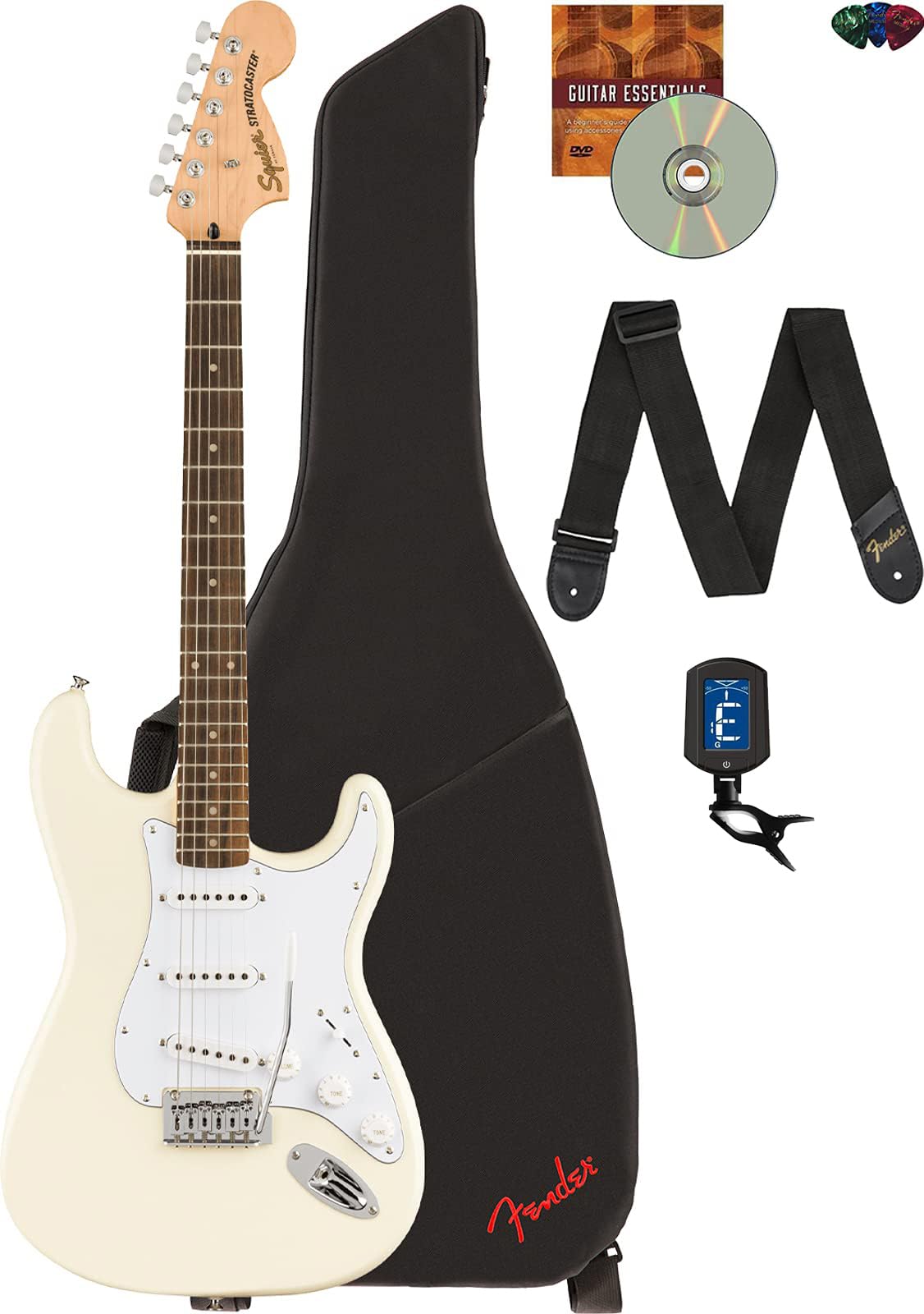 Fender Squier Affinity Stratocaster Limited Edition - Olympic White Bundle With Gig Bag, Tuner, Strap, Picks, And Austin Bazaar