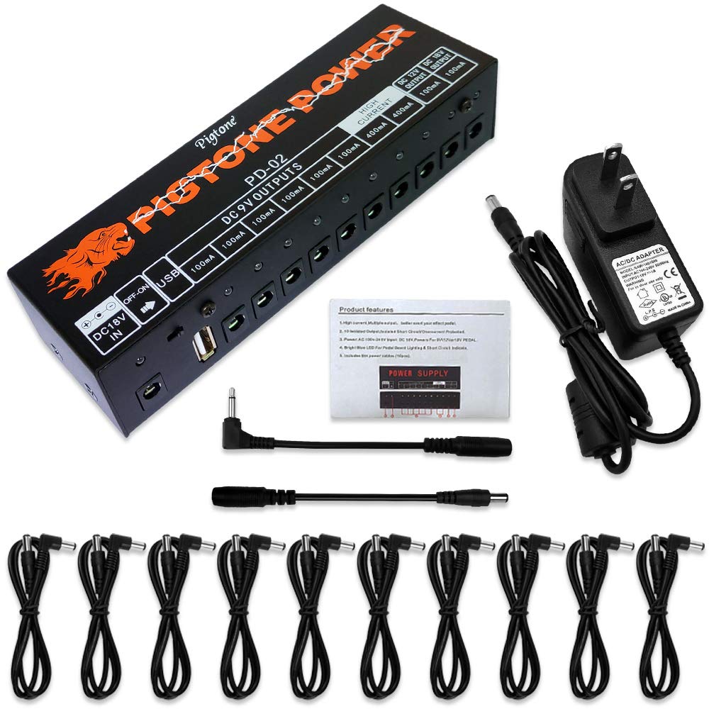 pigtone Guitar Effect Pedal Power Supply 10 DC Outputs for 9V 12V 18V Effects Pedals with USB (5V2A) PD-02