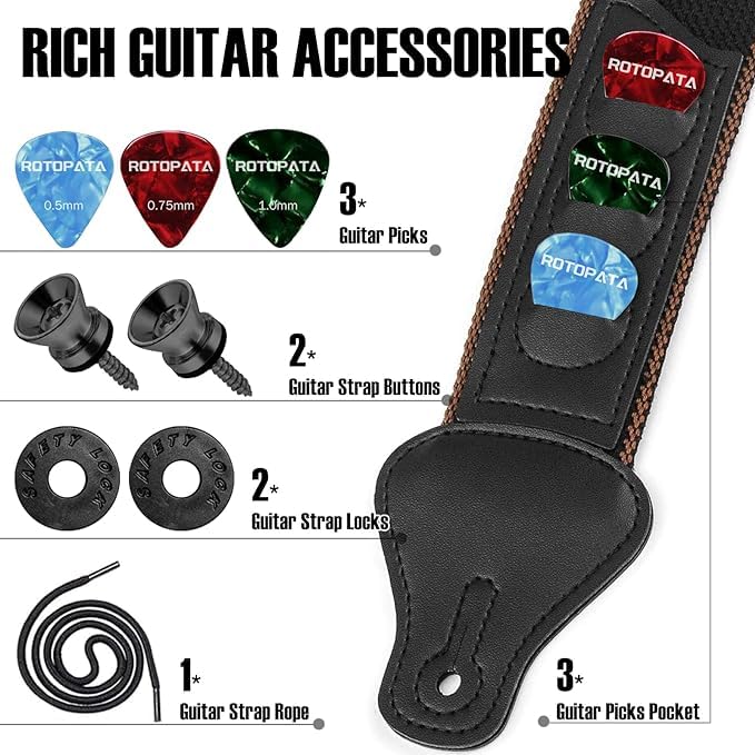 ROTOPATA Guitar Strap, Electric Guitar Strap with Pick Holders, PU Leather Ends Acoustic Guitar Strap with 2 Buttons 2 Locks 3 G