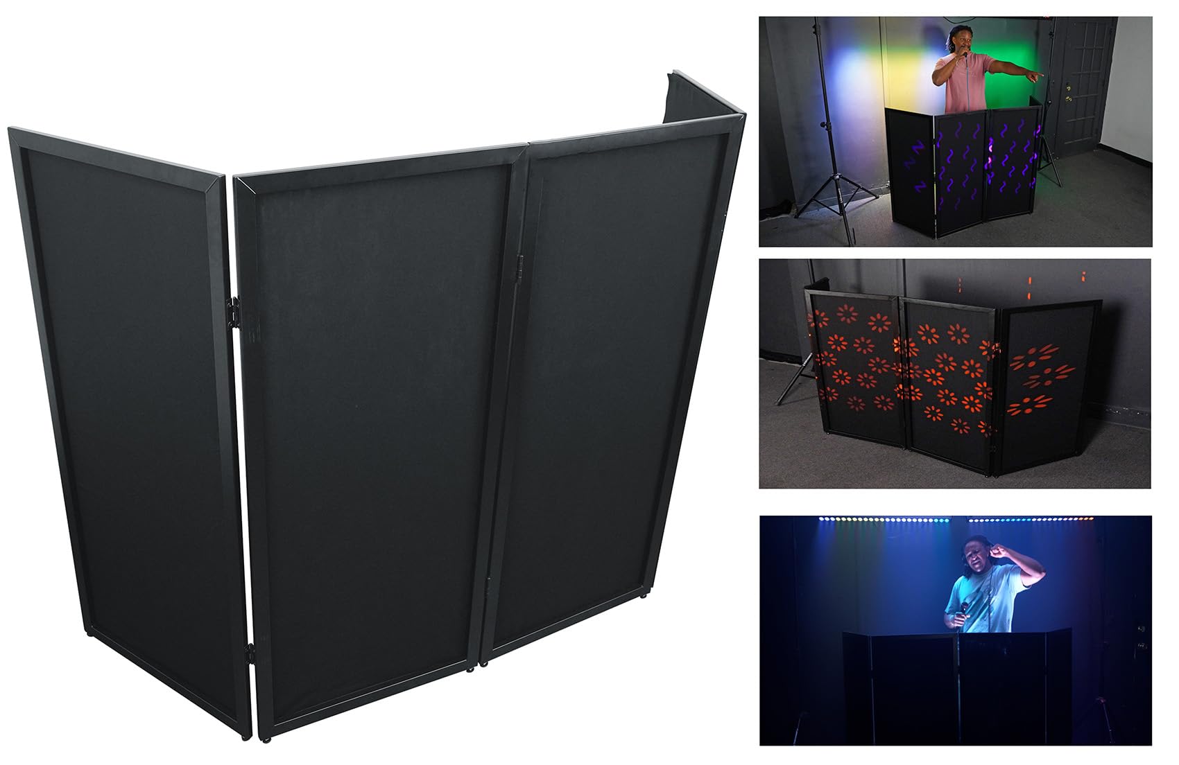 Rockville RFSSB Black DJ Event Facade, 4 Panels, Built-In Scrim, Foldable, Travel Bag, Non-Slip Feet, Steel Frame, Perfect for D