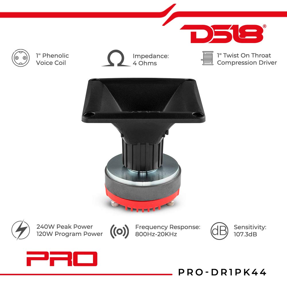 DS18 PRO-DR1PK44 1'' Twist On Throat Compression Driver with 1'' Phenolic Voice Coil and PRO-H44/BK Horn 240 Watts 8-ohm