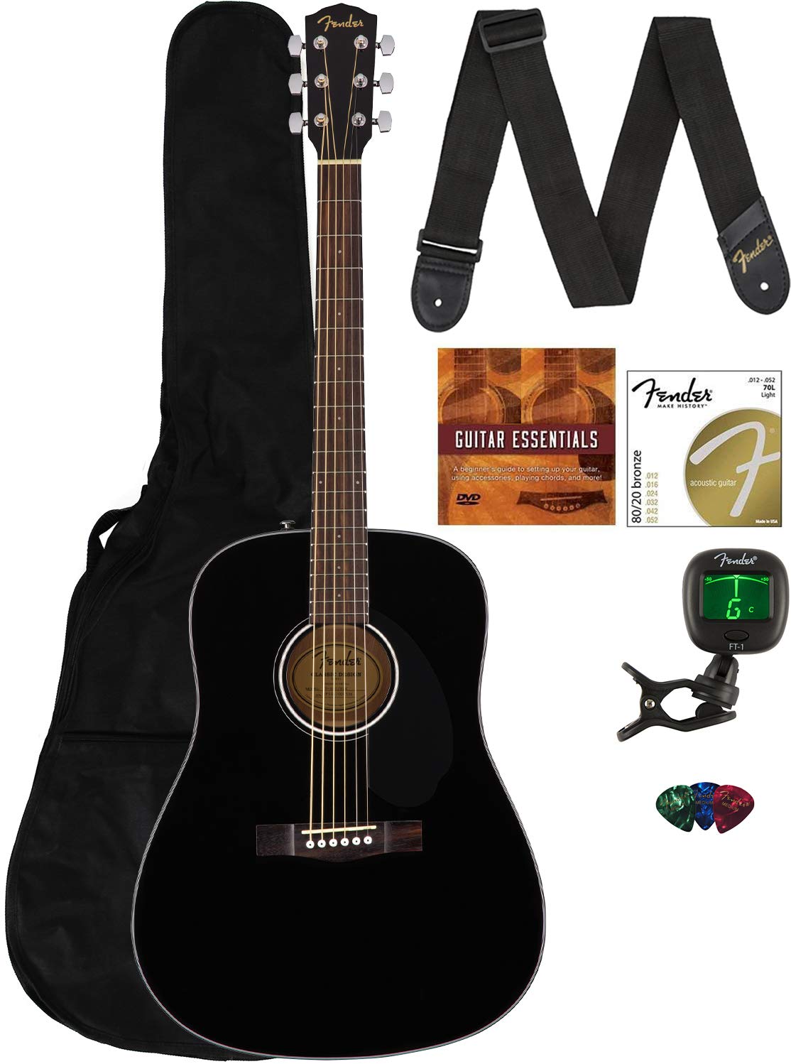 Fender Cd-60S Solid Top Dreadnought Acoustic Guitar - Black Bundle With Gig Bag, Tuner, Strap, Strings, Picks, And Austin Bazaar