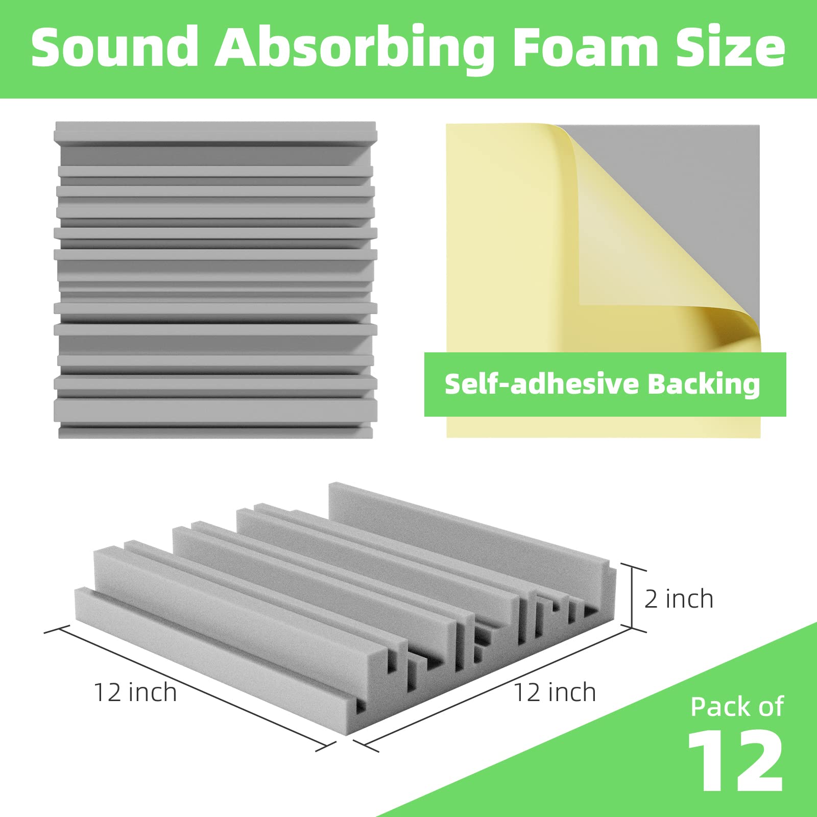 LIGHTDESIRE 12 Pack Self-Adhesive Sound Proof Foam Panels,12 X 12 X 2 inches Acoustic Foam,High Resilience Sound Proofing Paddin