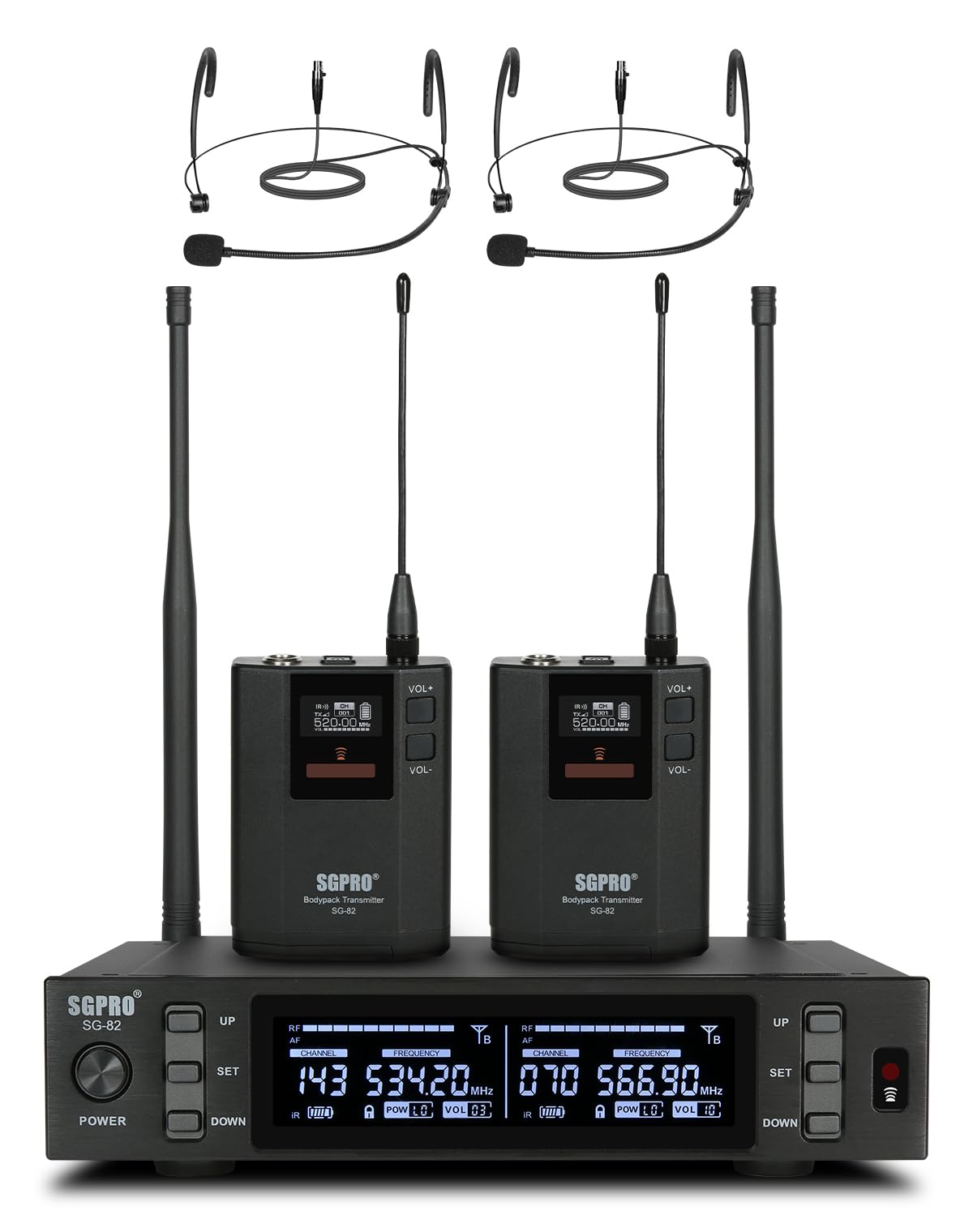 SGPRO Dual Wireless Microphone System - Metal Transmitter & Receiver, 520-590 MHz Adjustable Frequency, Antenna Diversity, Super