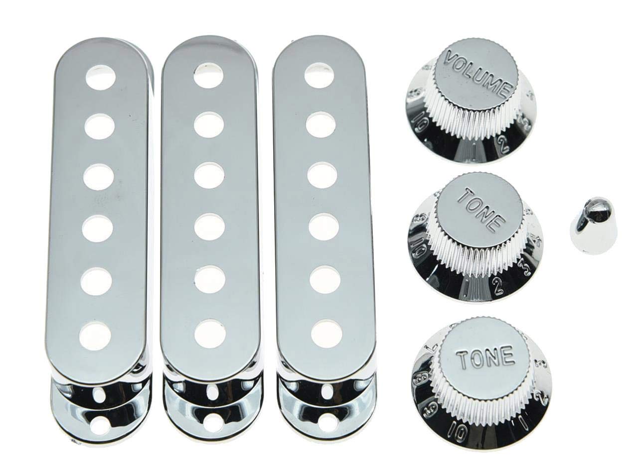 Kaish Chrome Plastic St Strat 52Mm Pole Spacing Pickup Covers Guitar Knobs And 5 Way Switch Tip For Usa Stratocaster/Strat