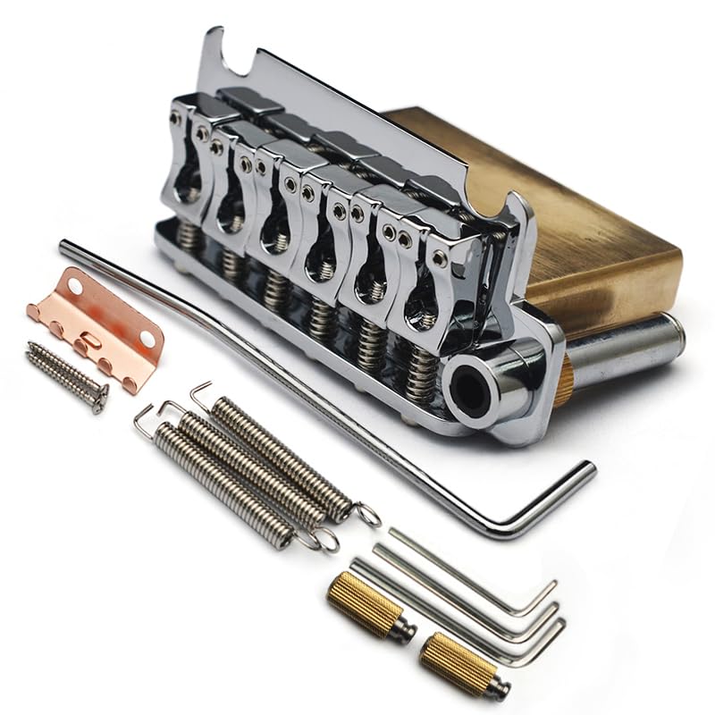 SAPHUE Guitar Tremolo Bridge 83.5x40.5 String Sapceing 54.5MM(5x10.9MM) Solid Brass Block Cambered Surface Saddle Chrome (Brass,