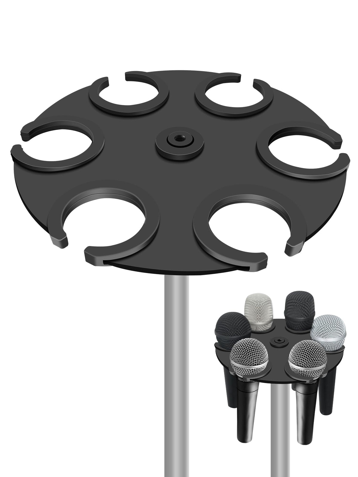 Multi Microphone Holder Up To 6 Mic (Aluminum/Rubber Padding) For Handheld Dynamic, Wired And Wireless Mics, Multiple Mic Organi