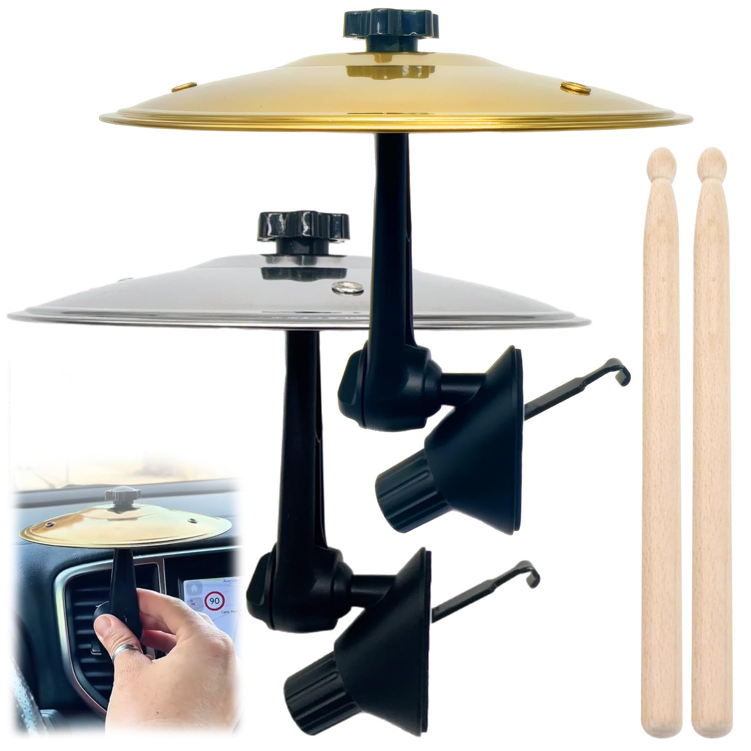 Frstem Car Cymbal Drum Air Vent (Gold+Silver), Mini Cymbal for Car with 2 Drumsticks, Easy Install Music Toy Gift