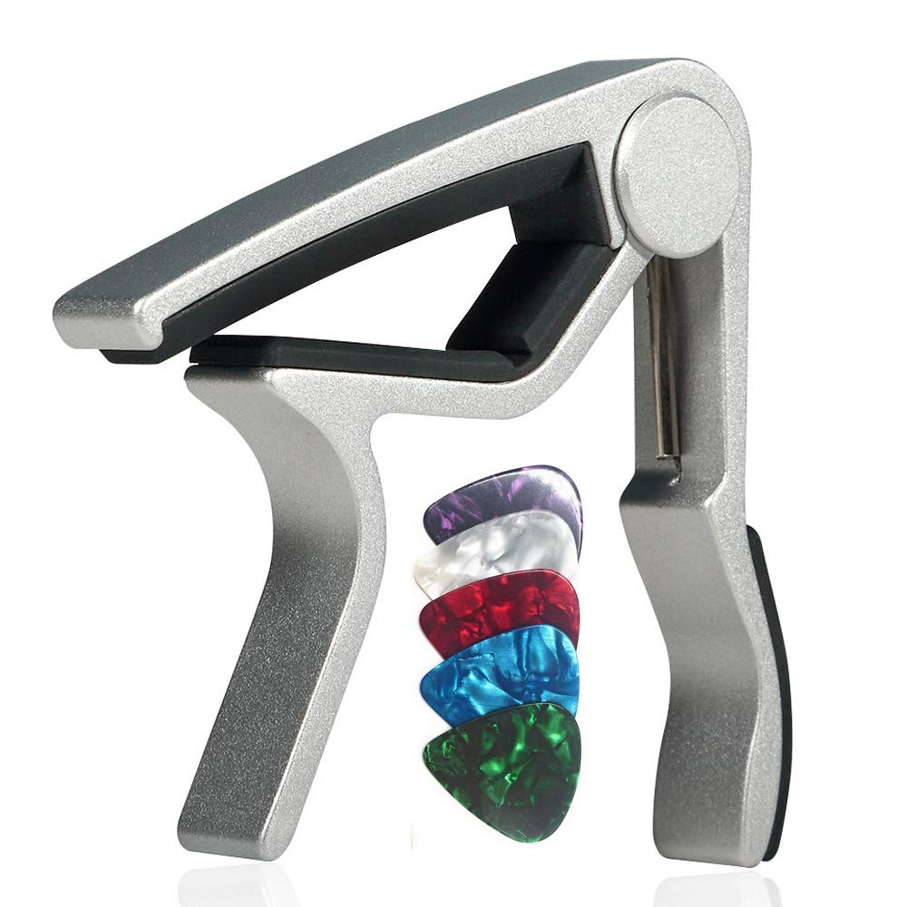 WINGO Guitar capo for 6 String Steel Acoustic and Electric Guitars with 5 Picks for Free,Silver