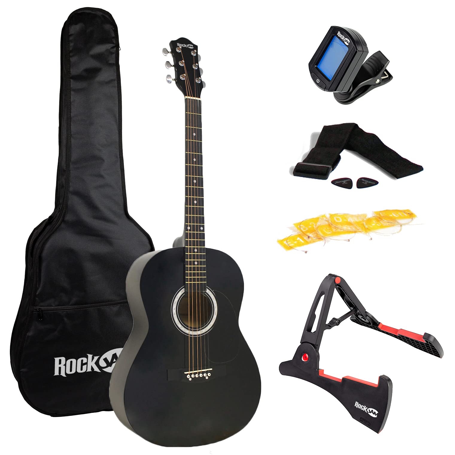 Rockjam Acoustic Guitar Superkit Includes Stand, Gig Bag, Tuner, Picks, Plectrum Holder, Spare Strings & Online Lessons 6 Pack,