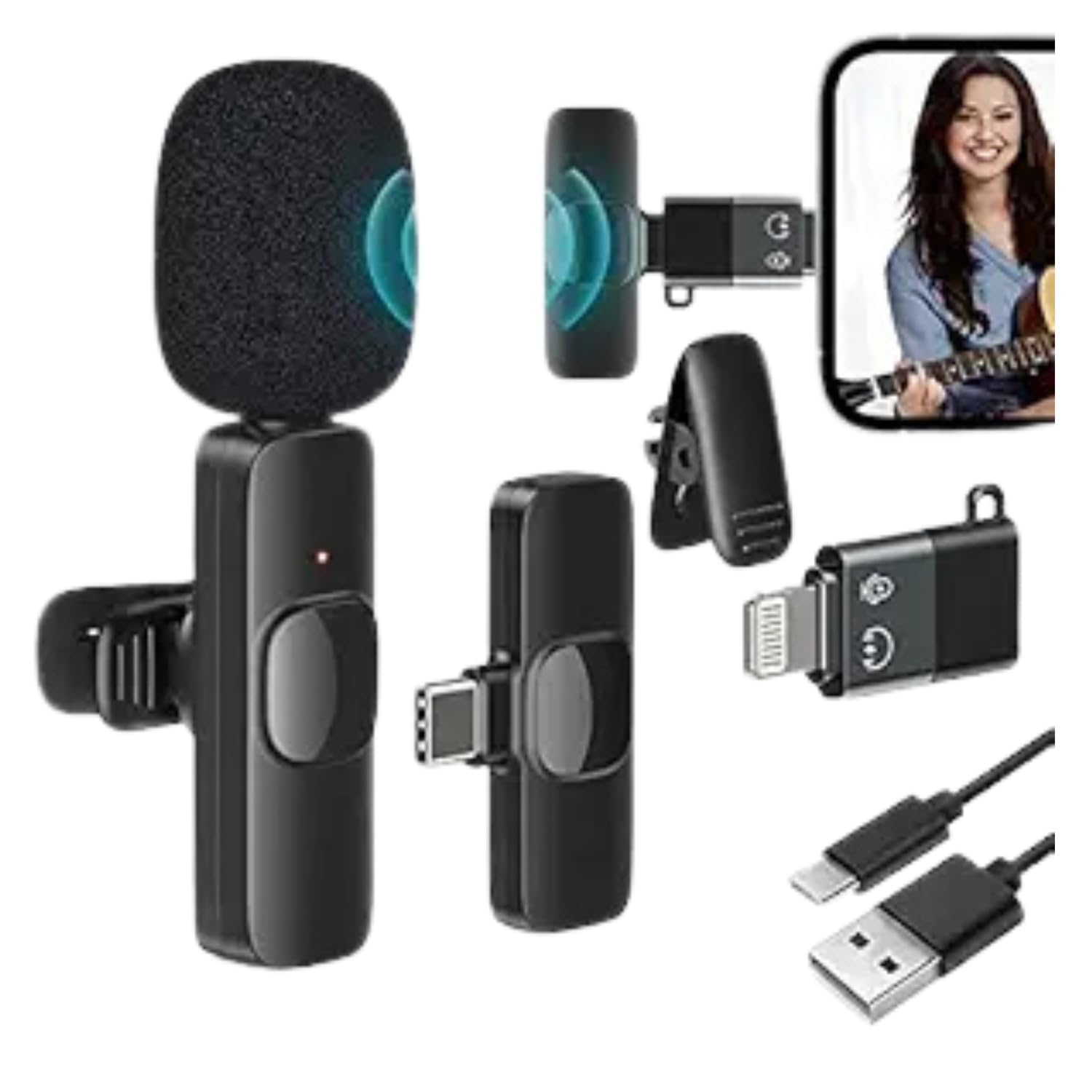 HM WORLD 2.4GHz 2 in 1 K8 Wireless Microphone, Digital Mini Portable Recording Clip Mic with Receiver for All Type-C Lightning M