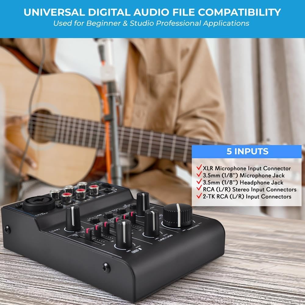 Pyle 3 Channel Bluetooth Audio Mixer - DJ Sound Controller Interface with USB Soundcard for PC Recording, XLR, 3.5mm Microphone