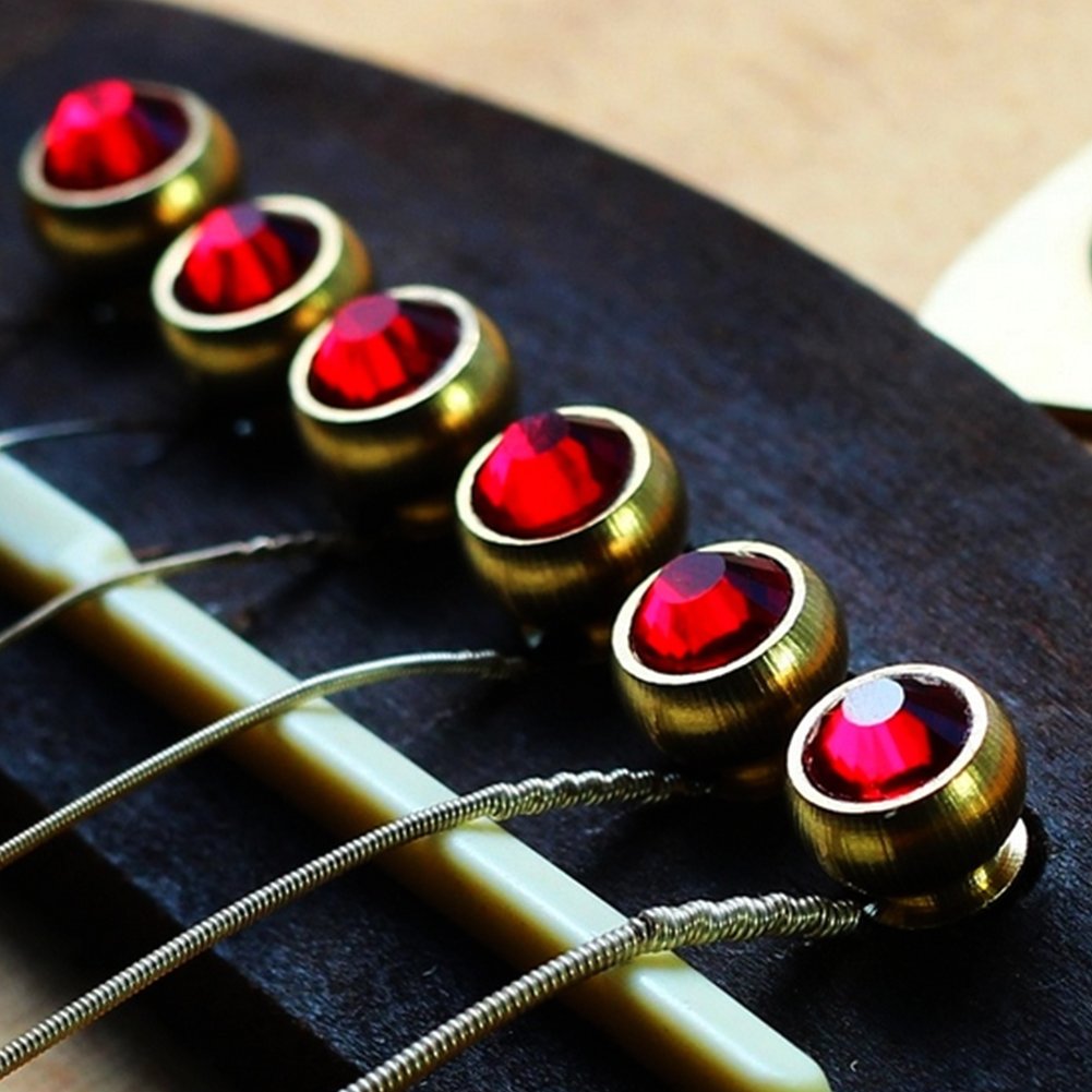 6Pcs Bridge Pin Copper Material Folk Acoustic Guitar Bridge Pin Peg Nail With Colorful Crystal Glass Dot(Red)